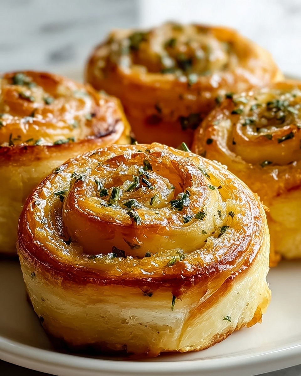 Seven golden-brown spiral rolls sit closely together inside a white oval baking dish. Each roll has a soft, flaky outer layer with a slightly glossy finish, topped with finely chopped green herbs and scattered black pepper. The spirals show a light creamy interior dough that contrasts with the darker toasted edges. The baking dish rests on a wooden surface, and a small white bowl with green herbs is blurred in the background beside it. photo taken with an iphone --ar 4:5 --v 7