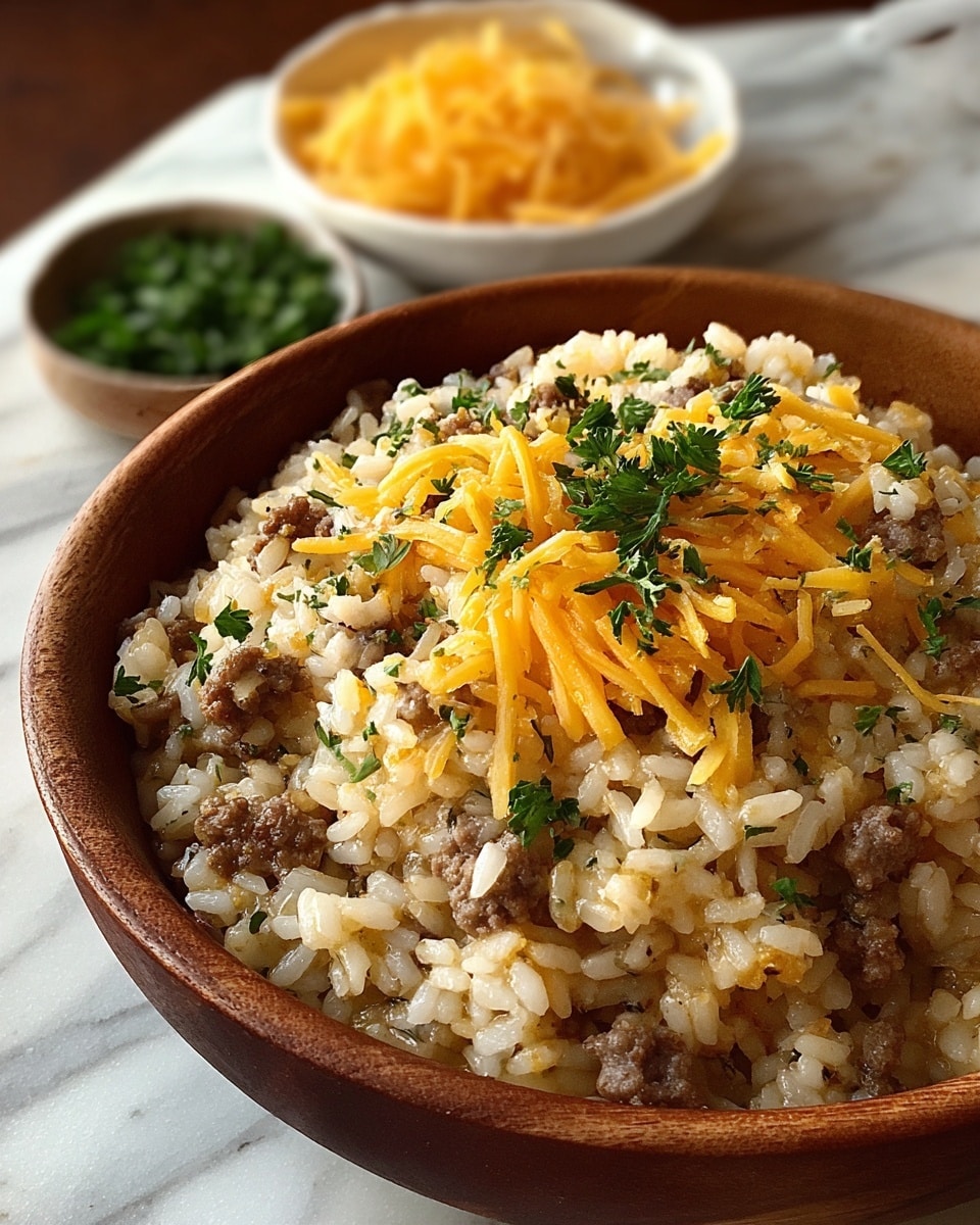 A close-up image of a bowl filled with cooked rice mixed with ground beef pieces and small bits of cooked onions, all coated in a creamy sauce. The layers show white and slightly golden rice grains, brown beef chunks scattered throughout, and green parsley sprinkled on top. Shredded yellow cheddar cheese is spread over the last layer, adding a bright contrast. The bowl is white and round, placed on a wooden board with a small white bowl of extra shredded cheese and parsley blurred in the background, all set on a white marbled surface. photo taken with an iphone --ar 4:5 --v 7
