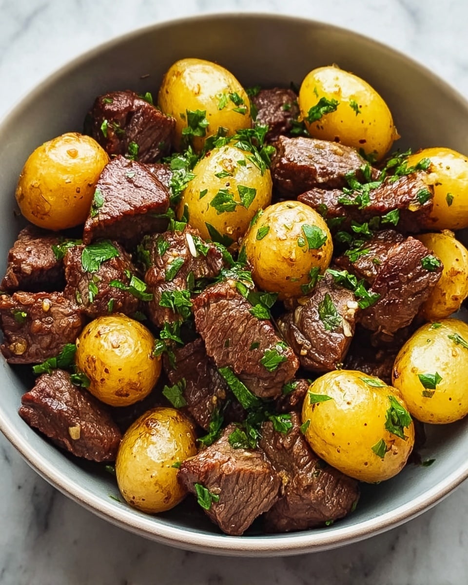 A close-up of a bowl filled with chunks of browned beef and halved small yellow potatoes. The beef pieces are rich brown with a slightly glossy texture, showing they are cooked well. The potatoes have a golden-yellow skin and soft insides visible where they are cut. Both the beef and potatoes are sprinkled with fresh, chopped green herbs that add a pop of color. The white bowl sits on a white marbled surface, making the food colors stand out clearly. photo taken with an iphone --ar 4:5 --v 7