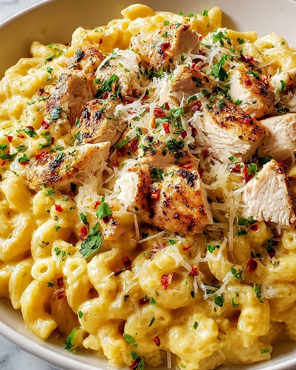The image shows a white bowl filled with creamy macaroni and cheese topped with chunks of grilled chicken. The macaroni is coated in a smooth, light yellow cheese sauce, creating a rich and gooey layer with soft, spiral pasta shapes. On top, there are several pieces of golden-brown grilled chicken that look tender and juicy, adding a slightly textured, seared surface. Small green parsley flakes are sprinkled evenly across the dish along with red chili flakes, adding bits of color and a hint of spice. The dish looks warm, savory, and well-seasoned, set against a white marbled texture. photo taken with an iphone --ar 4:5 --v 7