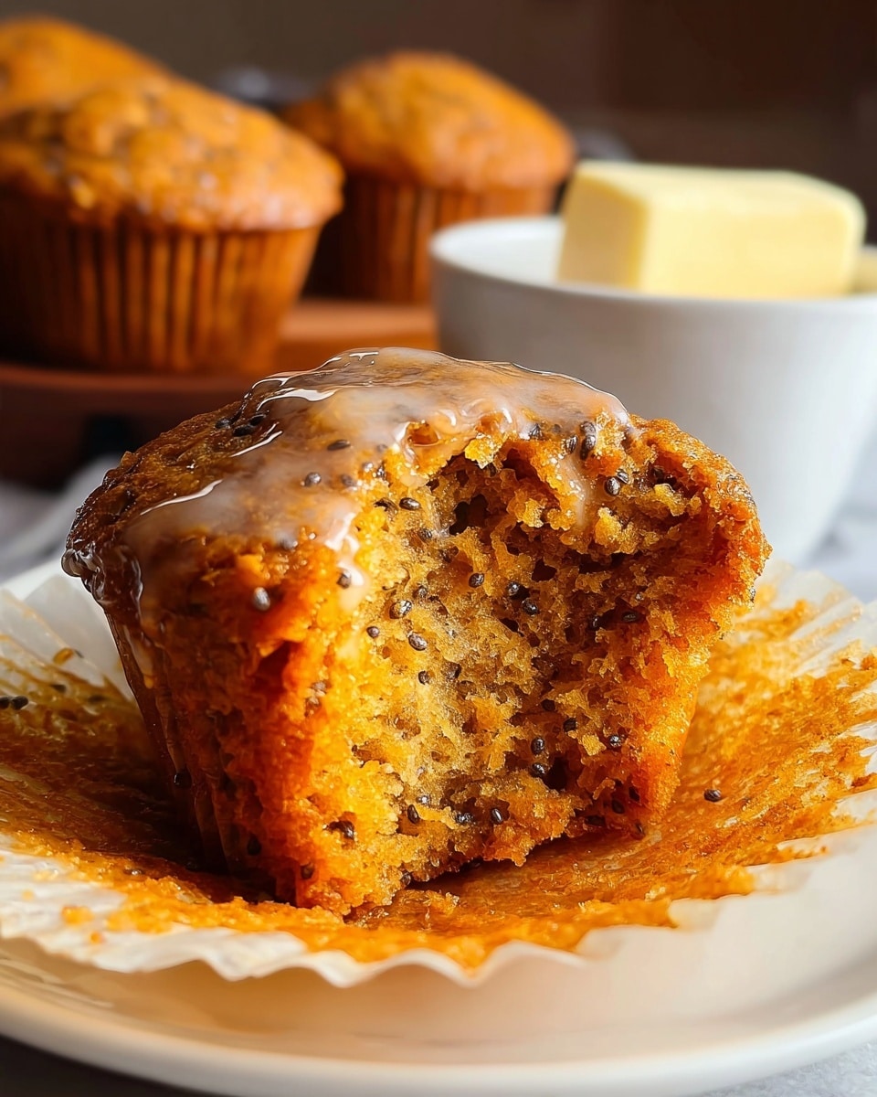 A close-up shot of a muffin with a bite taken out, showing its soft, crumbly orange inside dotted with small black seeds, likely chia seeds. The muffin is placed on a white plate and sits in a peeled-back light brown paper liner. The top of the muffin is slightly shiny, suggesting a drizzle of clear syrup or honey. In the background, out of focus, there are three whole muffins and a small white bowl with a block of pale yellow butter on a white marbled surface. The lighting is warm, highlighting the muffin's texture and moistness. photo taken with an iphone --ar 4:5 --v 7