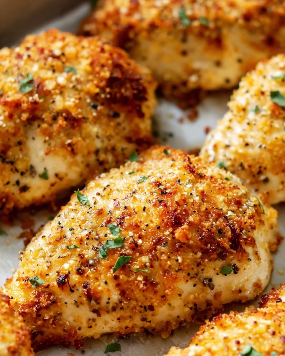 The image shows several pieces of baked chicken breast with a golden-brown crispy crust on top. Each piece is coated with a mix of small herb flakes and spice specks, creating a textured surface with shades of light brown, beige, and white. Tiny green herb leaves are scattered on the chicken's surface, adding a touch of color variation. The chicken breasts are arranged close together on a baking tray, which rests on a white marbled texture. The lighting highlights the contrast between the crunchy crust and the tender inside of the chicken. Photo taken with an iphone --ar 4:5 --v 7
