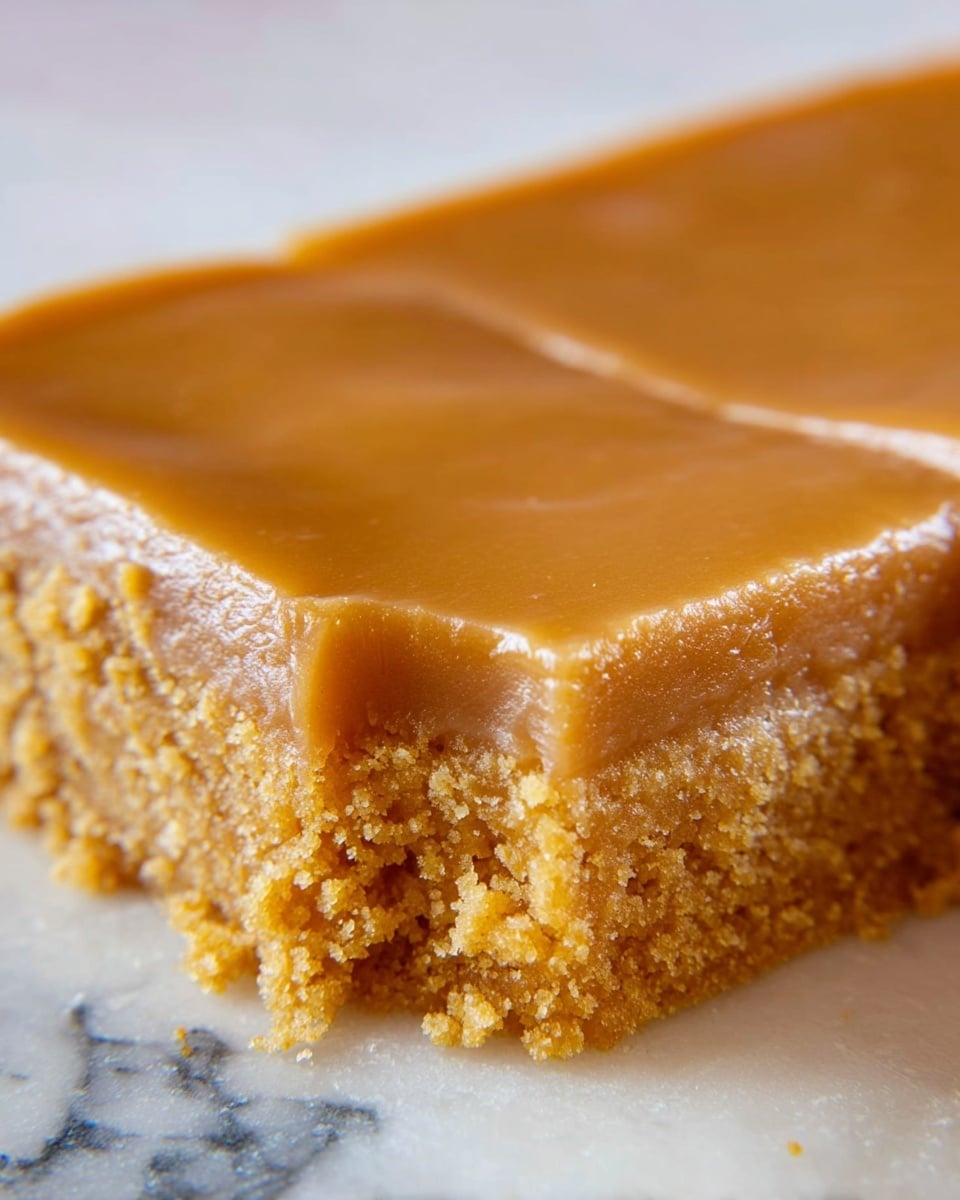 The image shows a close-up of a square piece of cake with two clear layers. The bottom layer is a rough, crumbly texture in a golden brown color, looking soft and moist. The top layer is smooth and glossy with a caramel-like, light brown color, covering the entire surface evenly. The edges where the layers meet are clean and distinct. The cake rests on a white marbled surface. photo taken with an iphone --ar 4:5 --v 7