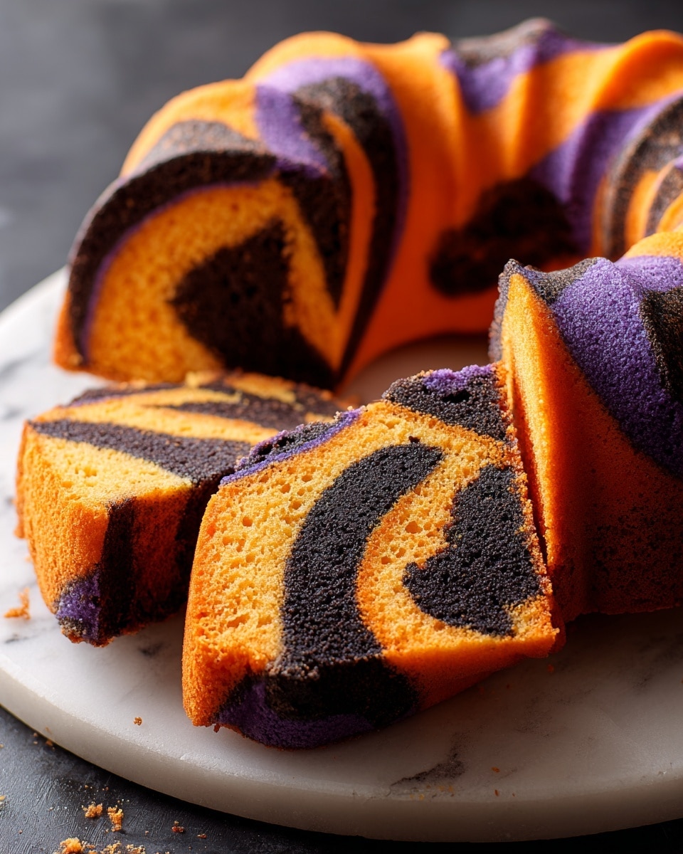 The image shows a bundt cake with three clear layers swirling together in a spiral pattern: bright orange, deep black, and vibrant purple. The cake is cut to display its soft, moist texture with the orange layer as the base, black layer wrapping tightly around it, and purple accents adding contrast inside. The slices are arranged on a round white plate, placed on a white marbled surface. The edges of the cake look slightly crumbly, and the lighting highlights the rich colors and smooth texture of the cake. Photo taken with an iphone --ar 4:5 --v 7