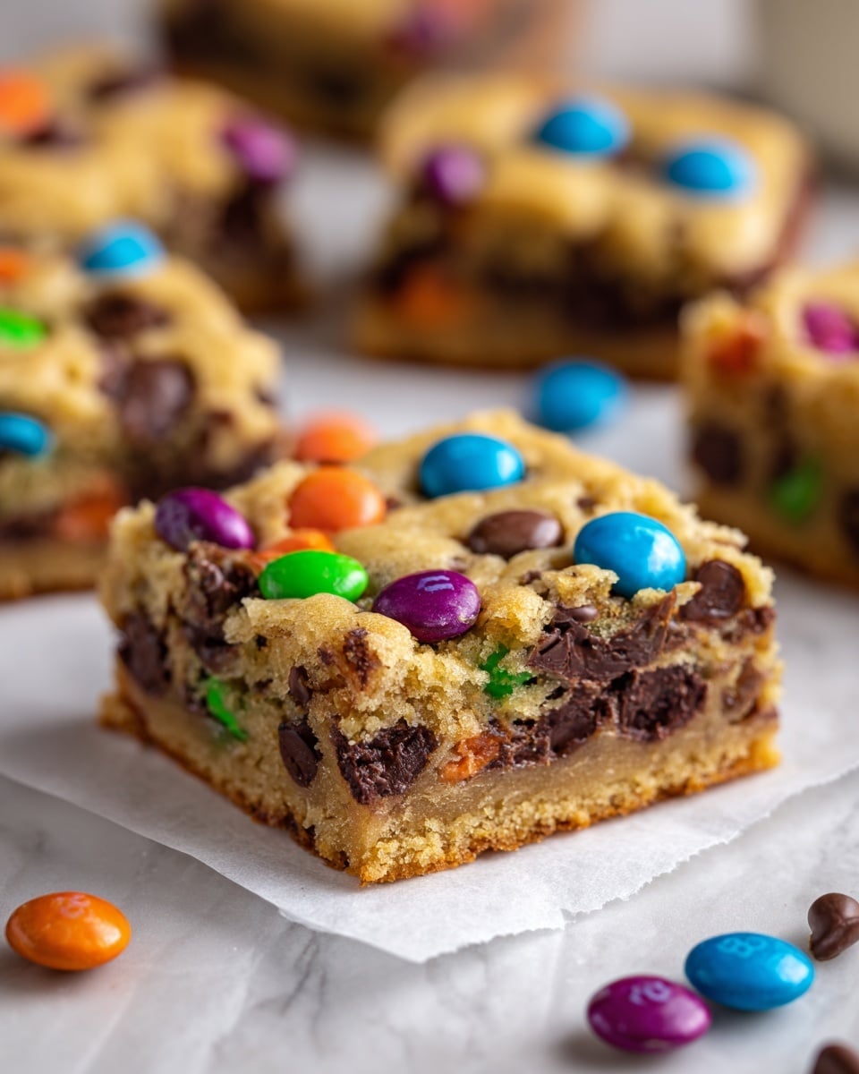 A close-up of a square cookie bar resting on a piece of white parchment paper on a white marbled surface, showing three distinct layers: a golden brown, slightly crumbly top layer studded with colorful candy-coated chocolates in blue, green, orange, and purple, some resembling small eyeballs; a thick, gooey middle layer filled with melted, dark chocolate chips; and a thinner, firmer bottom layer that is light golden and slightly crispy. In the blurred background, more similar cookie bars are visible, and a few scattered candy pieces lie on the surface nearby. Photo taken with an iphone --ar 4:5 --v 7