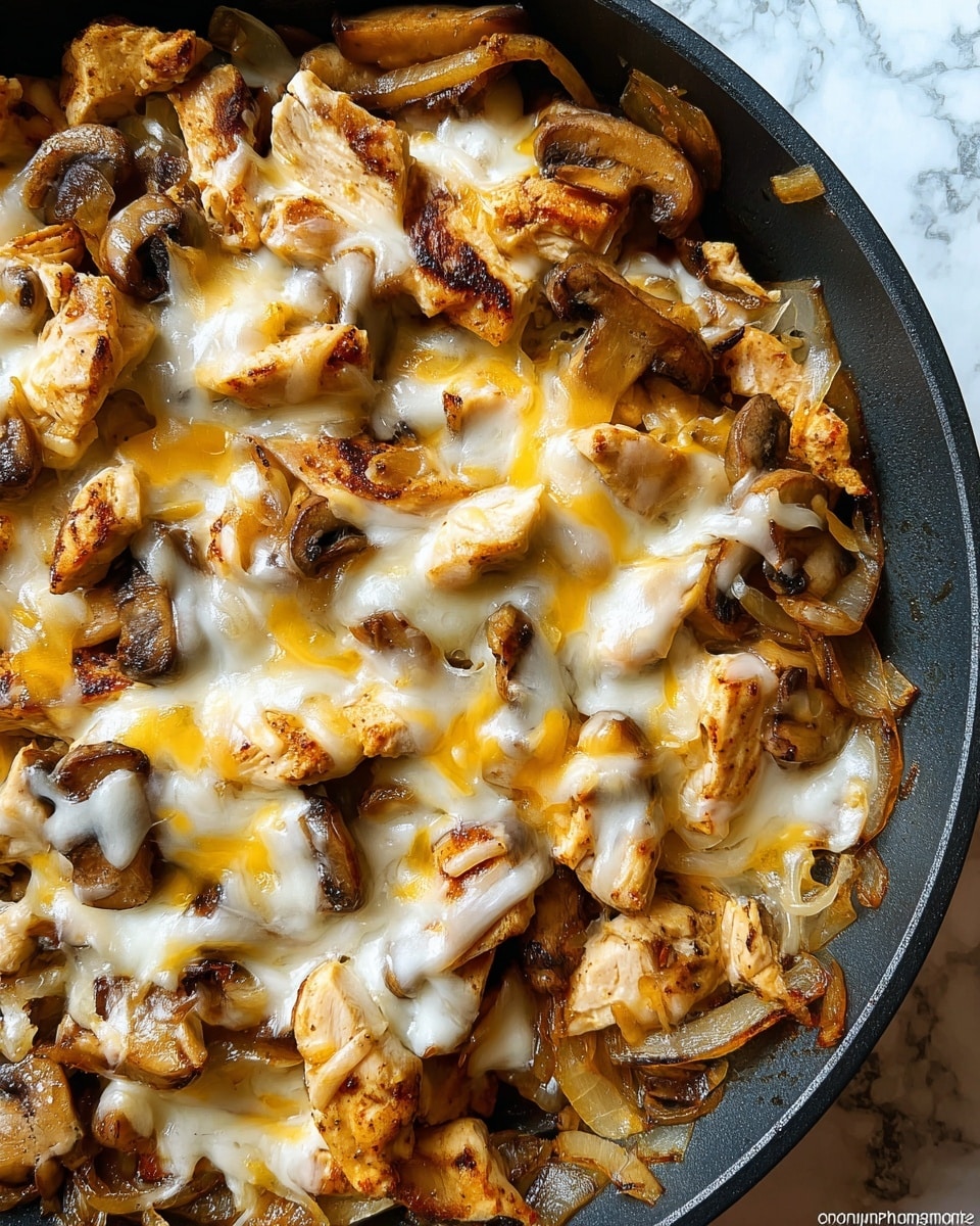 The image shows a close-up of a cooked dish in a black pan. The dish has a mix of different layers and colors: light golden cooked chicken pieces, browned sliced mushrooms, and translucent cooked onions as the base. These are covered with melted cheese that is yellow and white in color, spreading unevenly over the ingredients. The textures are varied, with soft cooked chicken, slightly crispy mushrooms, and gooey melted cheese. The background around the pan is a white marbled texture. photo taken with an iphone --ar 4:5 --v 7