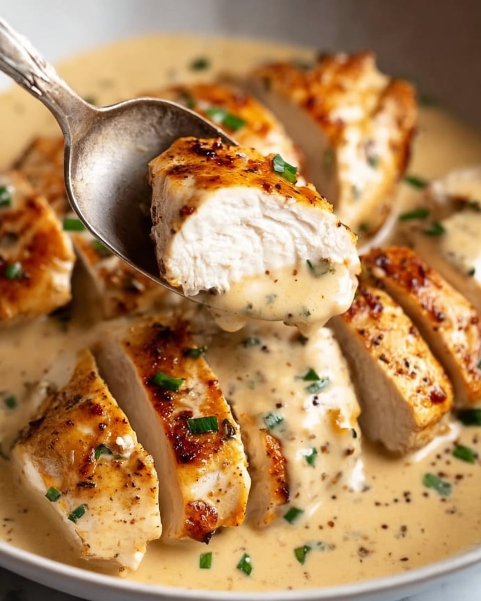 The image shows five pieces of golden-brown cooked chicken breasts in a thick, creamy light yellow sauce that has small bits of herbs mixed in. The chicken pieces are slightly charred on top with some areas covered by the creamy sauce. Fresh green herb leaves are sprinkled over the chicken and sauce, adding a pop of color. Everything is in a black pan with the sauce gently surrounding the chicken. The background is a white marbled texture. photo taken with an iphone --ar 4:5 --v 7