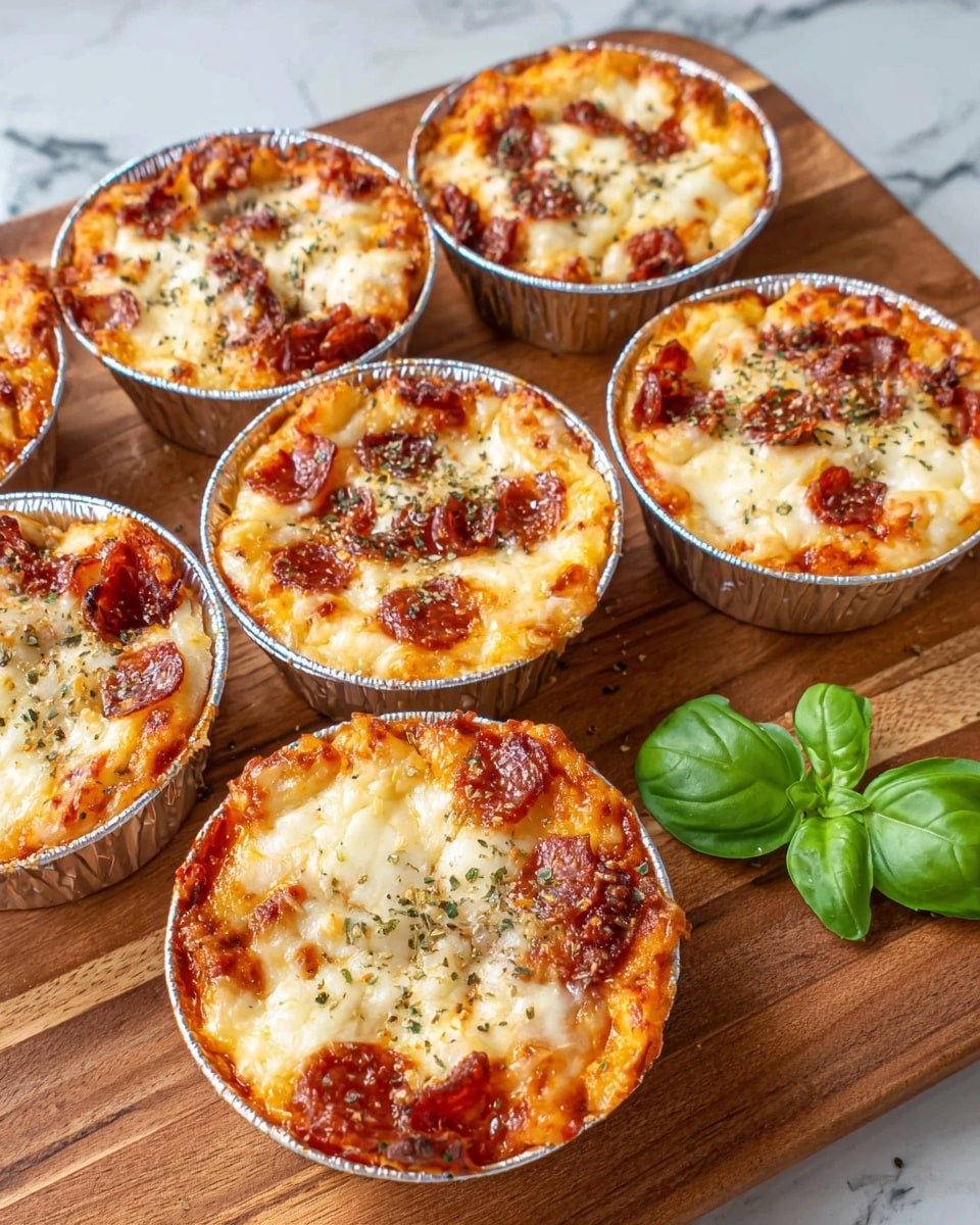 Eight individual mini pizza cups are arranged close together on a wooden board with a green basil leaf garnish on the right side. Each pizza cup has a silver foil base and shows three visible layers: a golden-brown crust at the bottom, a thick layer of orange tomato sauce mixed with melted light yellow cheese in the middle, and an irregular top layer of melted white cheese dotted with small, evenly distributed pieces of reddish-brown pepperoni. Sprinkles of dried herbs are scattered over the top, adding green and brown flecks. The background is a white marbled texture. photo taken with an iphone --ar 4:5 --v 7