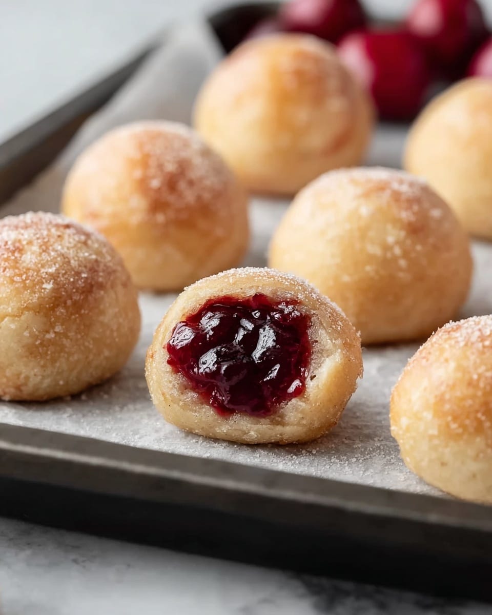 The image shows several small round dough balls with a light golden brown color and a slightly rough texture, dusted with a bit of flour. One dough ball in the center is cut open at the top, filled with a thick, glossy, dark red jam that looks chunky and shiny. These dough balls are resting on white baking paper placed on a dark baking tray, all set on a white marbled surface. In the background, out of focus, there are some red fruits that appear to be cherries or similar. photo taken with an iphone --ar 4:5 --v 7