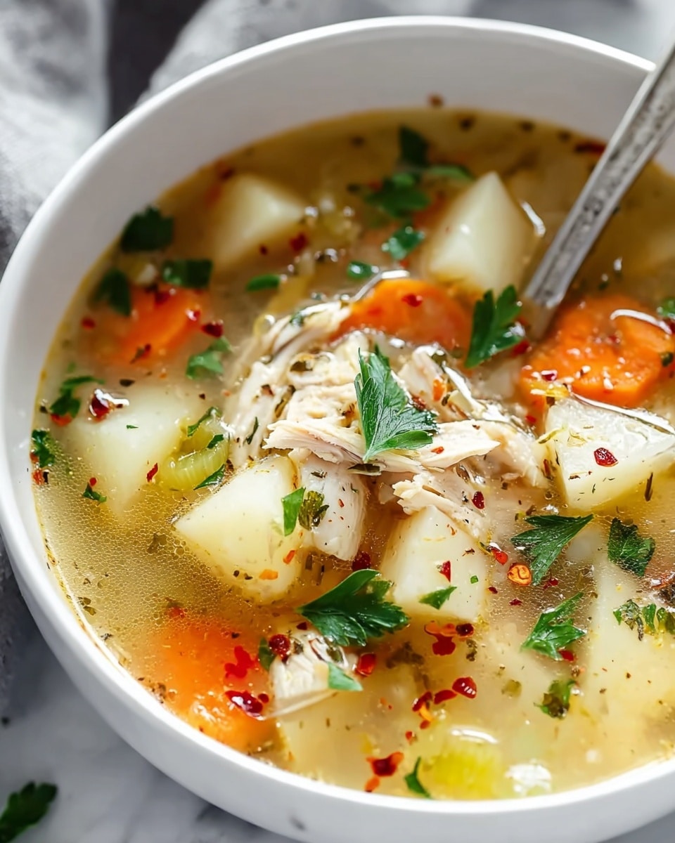 A white bowl filled with chicken soup, showing chunky layers of different ingredients. The bottom layer is a light yellow broth with a slightly oily surface. Floating within the broth are several large pieces of light yellow potato chunks and round orange carrot slices. Above these, there are creamy white pieces of shredded chicken. Scattered on top and mixed through the soup are small green celery pieces and chopped green herbs, adding fresh color. Tiny red pepper flakes are visible on the chicken and vegetables. The bowl sits on a dark gray cloth, with a blurred green background. photo taken with an iphone --ar 4:5 --v 7
