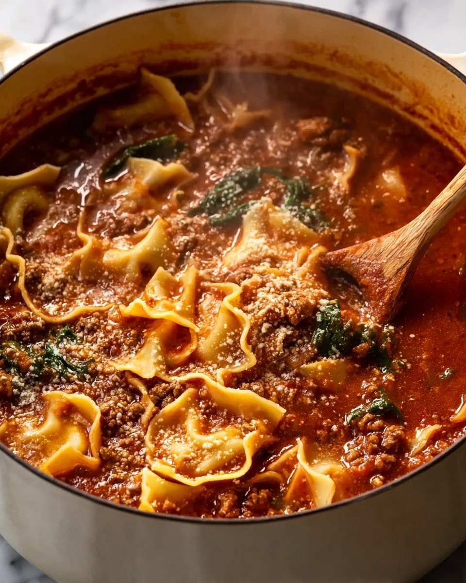 A large white pot filled with thick, rich lasagna soup that has a deep red tomato base. Floating on top are wide, ruffled, soft yellow lasagna noodles curling in different shapes. Ground meat pieces are scattered throughout, mixed with dark green wilted spinach leaves. Some grated cheese crystals lightly cover the surface. A wooden spoon is stirring the soup on the right side, slightly lifting some noodles and meat, with steam rising softly in the background. The setting is a white marbled texture that shines softly. Photo taken with an iphone --ar 4:5 --v 7