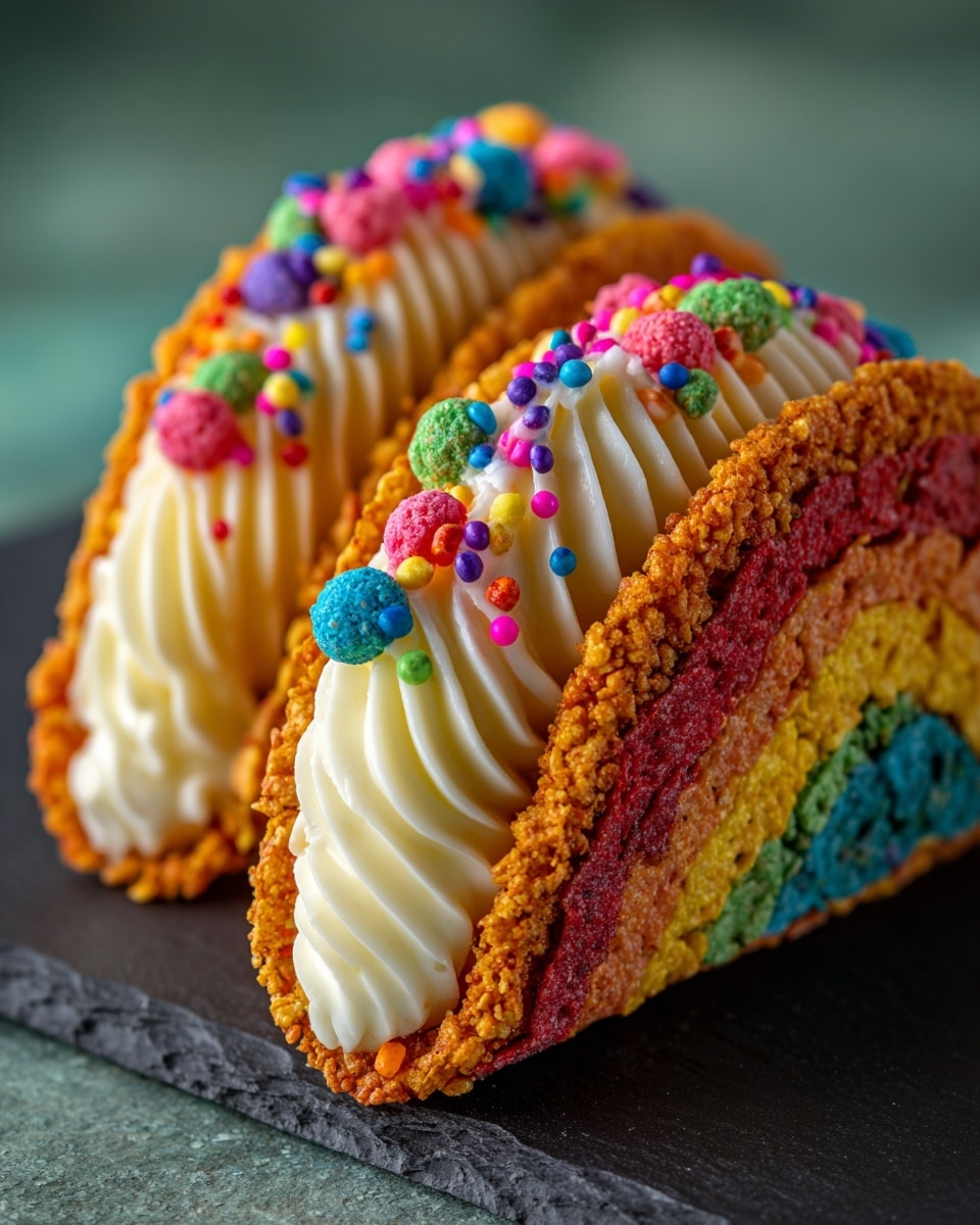 Two taco-shaped desserts sit side by side on a flat black slate. Each taco shell is made from colorful, crunchy cereal pieces in red, yellow, blue, green, and orange, giving a rough and bumpy texture all around. Inside, there are five smooth layers of white cream, piped in diagonal rows from one end of the shell to the other. On top of the cream, many small, round sprinkles in bright colors like pink, blue, green, yellow, and purple cover the surface, adding more vibrant pops of color. The background is blurred with a soft greenish tone, while the focus is sharp on the desserts. photo taken with an iphone --ar 4:5 --v 7