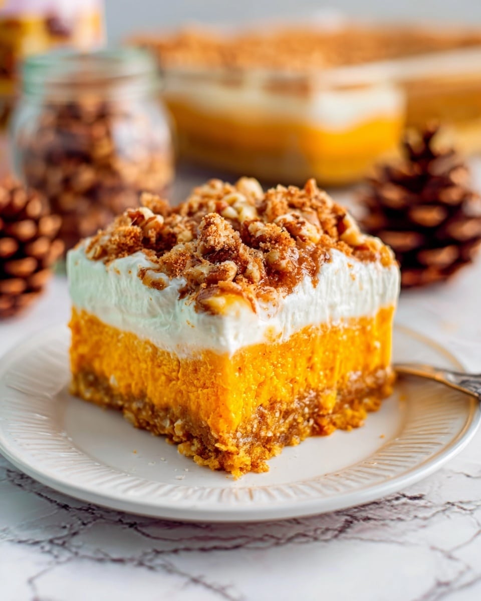The image shows a single square piece of pumpkin dessert on a white plate. The dessert has three layers: a moist, bright orange pumpkin base at the bottom, a thick creamy white layer in the middle, topped with a thin crumbly layer of golden brown nuts and small crunchy pieces. The edges are clean, and the colors contrast well, with the vibrant orange pumpkin and the creamy white layer standing out. There is a blurred background with small jar and pine cones on a white marbled surface. Photo taken with an iphone --ar 4:5 --v 7