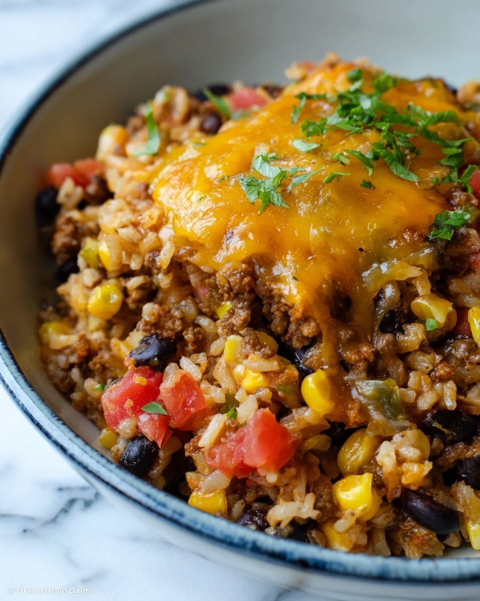 The dish is a close-up of a mixed rice bowl with several colorful layers. The base layer shows cooked rice mixed with yellow corn kernels and black beans, giving a mix of golden yellow and deep black colors. Above this, there are bits of browned ground meat scattered among the rice. On top of the meat, there is melted orange-yellow cheese that looks soft and gooey, partially covering the ingredients below. Small pieces of diced red tomatoes and green herbs add bright red and green touches throughout the dish. The food is served in a white bowl with a slight blue rim detail, resting on a white marbled surface. photo taken with an iphone --ar 4:5 --v 7