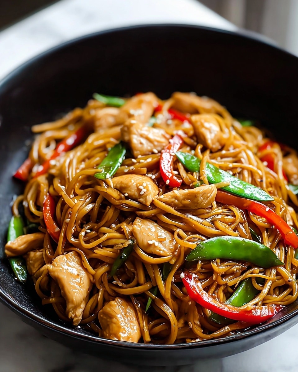 A close-up view of a black bowl filled with stir-fried noodles mixed with chunks of cooked chicken, red bell pepper strips, and green snap peas. The noodles are lightly coated in a glossy brown sauce, and the dish is sprinkled with small white sesame seeds. The chicken pieces are light golden brown, and the vegetables add bright color and texture throughout the layers of noodles. The scene is set on a white marbled surface with soft natural light coming from the right side. Photo taken with an iphone --ar 4:5 --v 7