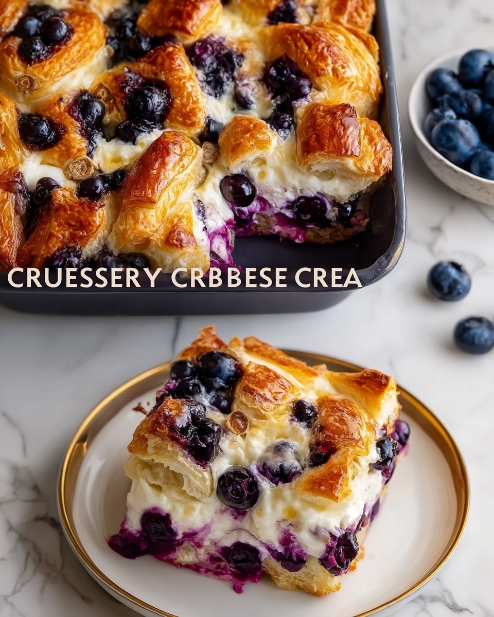This dish shows a croissant casserole with blueberries and cream cheese, presented in two views. The first view shows a baked casserole in a dark pan, with golden-brown, flaky croissant layers on top that are split open revealing clusters of dark purple blueberries and white creamy cheese peek through the spaces. The croissant pieces on the surface are layered closely, creating a textured golden top with juicy blueberries scattered throughout. The second view is a close-up of a sliced square piece on a white plate with a gold rim, showing three main visible layers: the bottom is a crisp, golden croissant base, the middle is thick white cream cheese mixed with juicy deep purple blueberries that have a slight glossy shine, and the top is flaky golden croissant. The blueberries look ripe and slightly runny, giving a fresh, vibrant contrast against the creamy white layer and warm croissant. The background is a white marbled texture. photo taken with an iphone --ar 4:5 --v 7