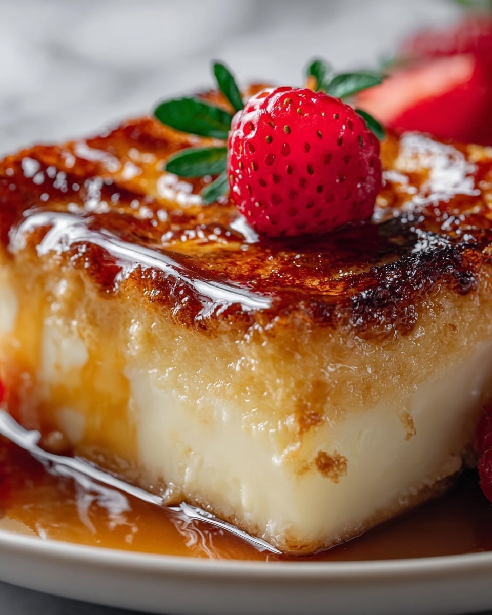 A close-up of a dessert square with two main layers on a white plate: the bottom layer is creamy white and smooth, while the top layer is a golden-brown caramelized crust that looks crispy and shiny. The top also has a drizzle of glossy caramel sauce and a bright red raspberry with small seeds and green leaves on the center. The background has a white marbled texture, adding a clean and fresh look to the image. photo taken with an iphone --ar 4:5 --v 7