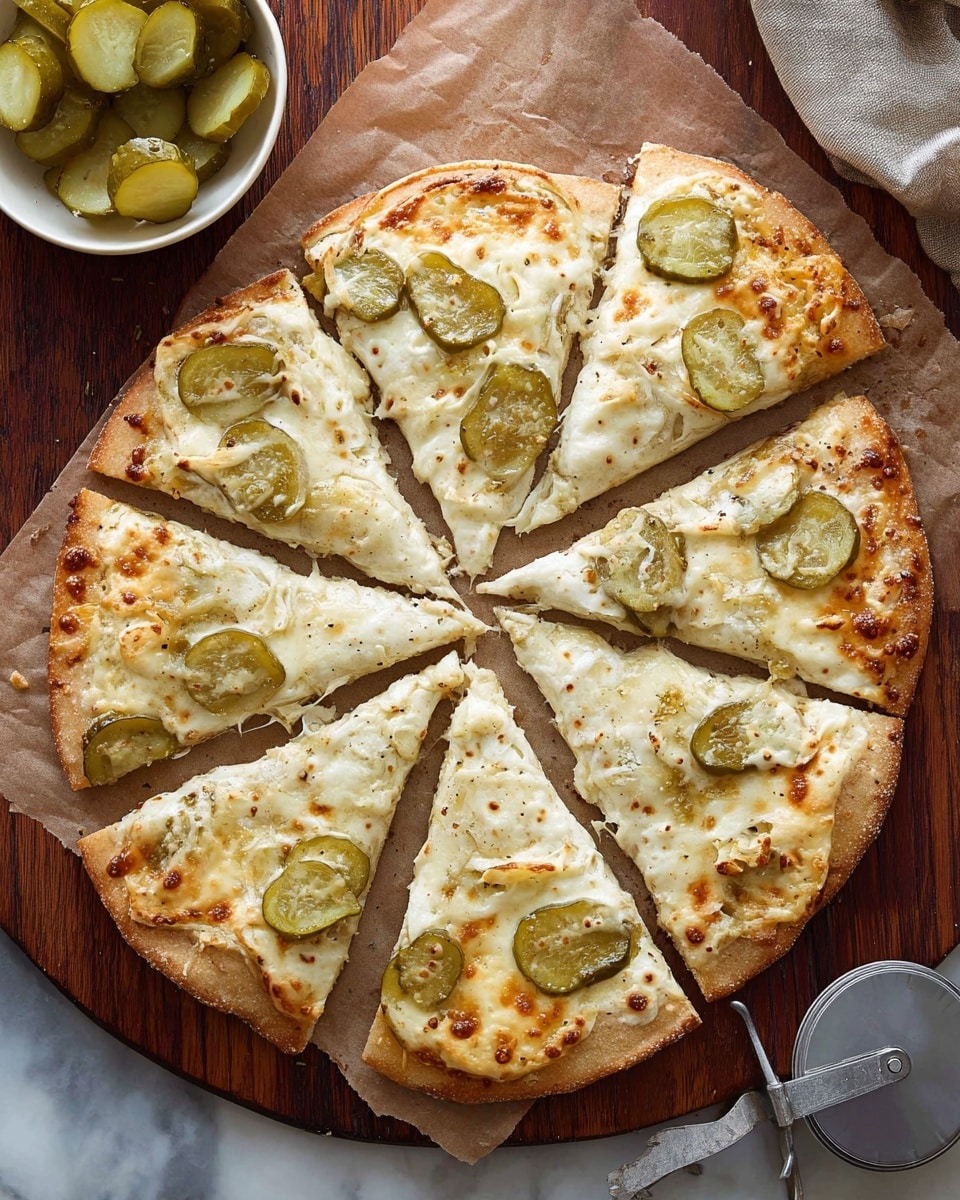 A round pizza is cut into eight slices, laid flat on brown parchment paper over a wooden table. The pizza crust is light brown, thin, and firm. The first layer is creamy white cheese spread evenly over the crust. On top, thin slices of light green pickles are spread across each slice, with melted, bubbly mozzarella cheese, showing golden brown spotting, covering the pickles. To the side, a white bowl filled with pickle slices is visible, and a silver pizza cutter rests near the bottom right. The background is a white marbled surface. Photo taken with an iphone --ar 4:5 --v 7