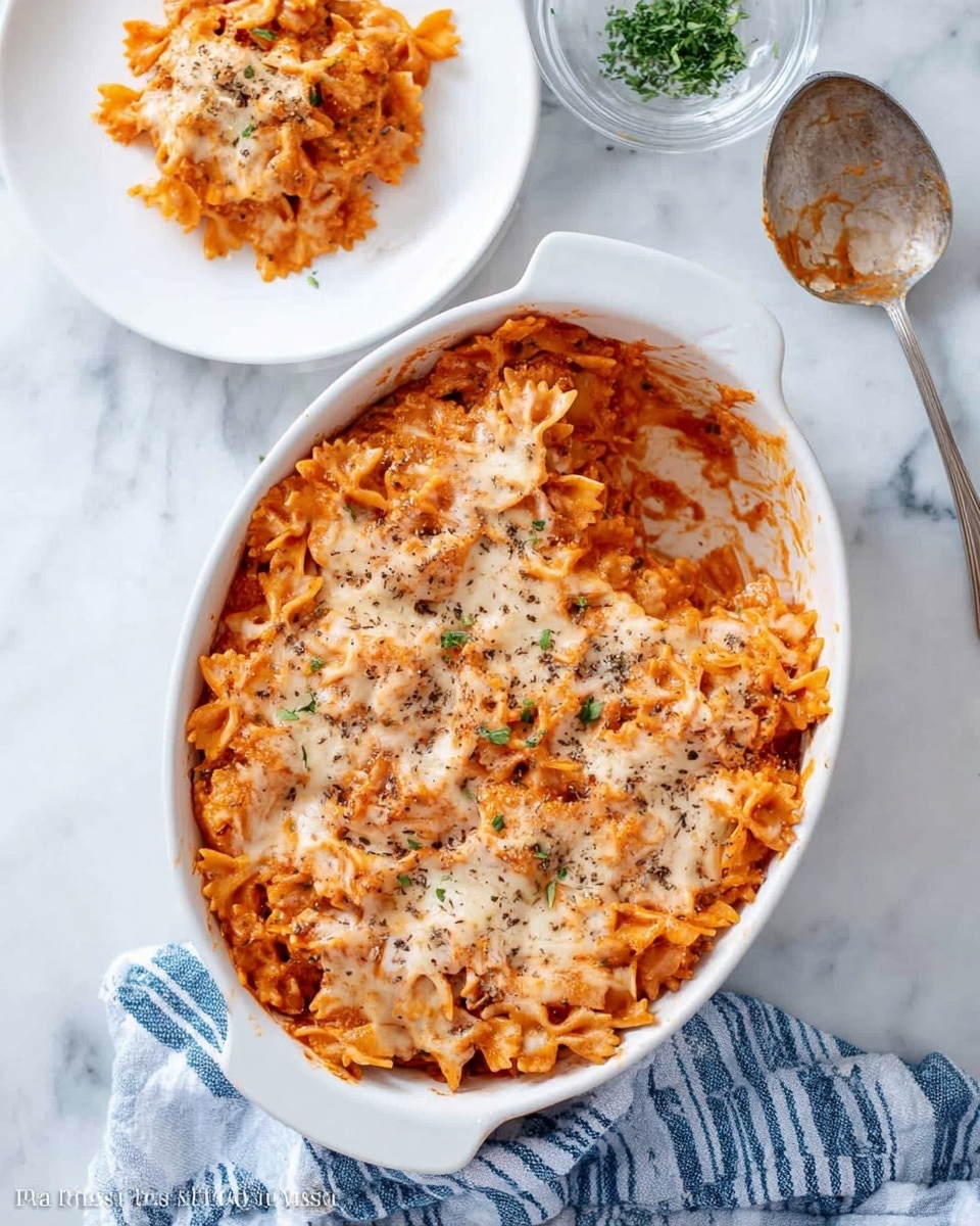 The image shows a white round baking dish filled with a baked pasta casserole. The bottom layer is made of orange-red bowtie pasta mixed with a meat or tomato sauce. The top layer is covered with melted white cheese, sprinkled with black pepper, creating a smooth, creamy texture over the pasta. A portion is scooped out on the left side, revealing the sauce beneath the cheese. Nearby, a white bowl holds a serving of the same pasta dish, and above it, a small clear bowl contains green fresh herbs. The background is a white marbled surface with a blue and white striped cloth on the right side. Photo taken with an iphone --ar 4:5 --v 7