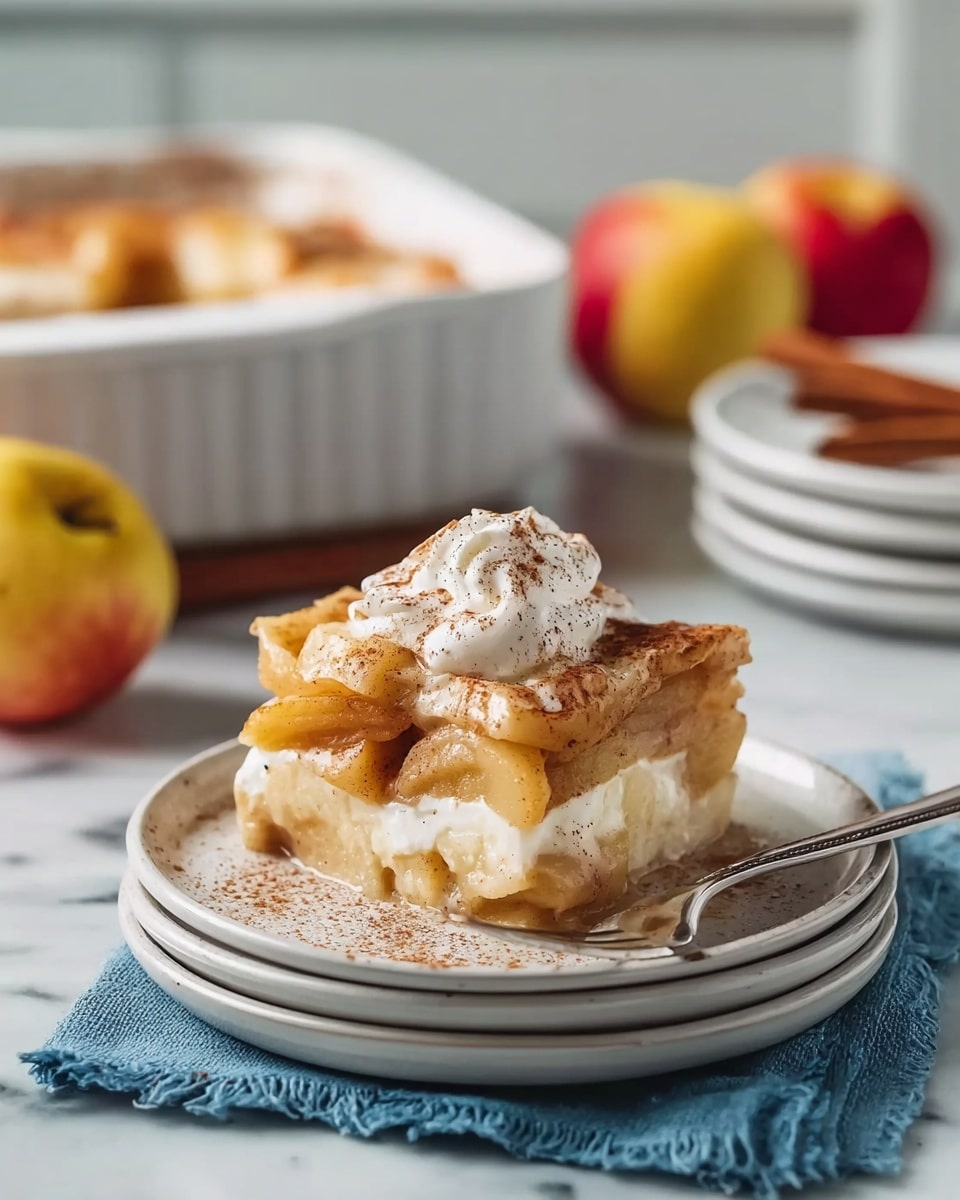 A slice of apple dessert sits on a stack of three white plates, placed on a blue cloth over a white marbled surface. The dessert has two thick layers of soft, golden-brown baked apples, with a creamy white layer in between. On top, there is a dollop of white whipped cream sprinkled with a light dusting of brown cinnamon powder. A silver fork rests on the plates near the dessert. In the blurred background, a white baking dish filled with more of the apple dessert and two red-yellow apples can be seen, along with stacked white plates holding cinnamon sticks and forks. photo taken with an iphone --ar 4:5 --v 7
