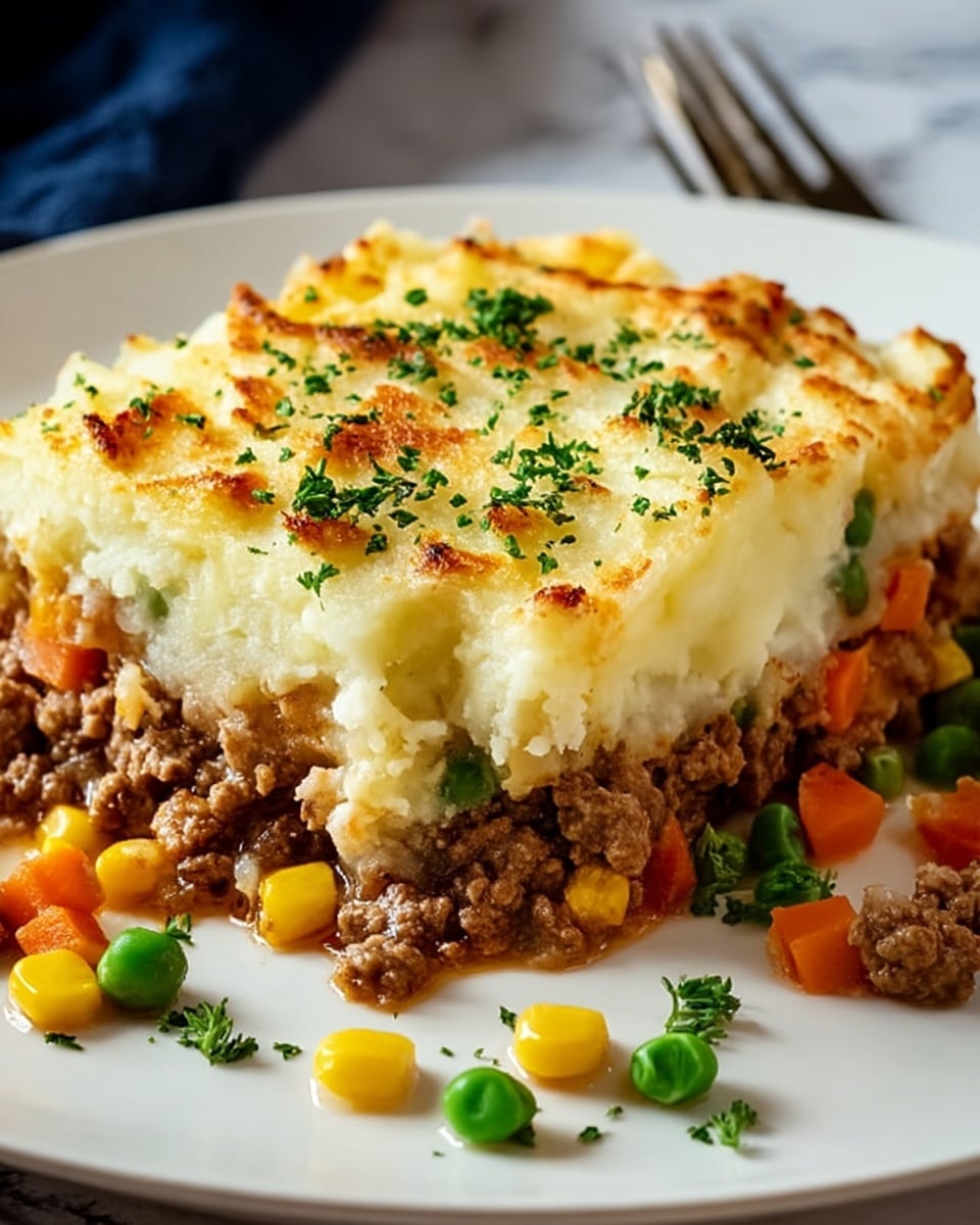 A slice of shepherd's pie on a white plate shows two main layers: the bottom layer is a mix of brown cooked ground meat with orange carrot pieces, yellow corn kernels, and green peas, all in a slightly juicy texture; the top layer is thick, creamy mashed potatoes in a pale yellow shade, with small browned crispy spots and sprinkled finely chopped green herbs on top; some extra green herbs and scattered peas, corn, and carrot pieces decorate the plate around the slice, with a fork blurred in the background, all set on a white marbled texture. photo taken with an iphone --ar 4:5 --v 7
