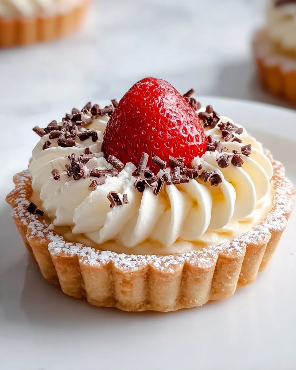 A small tart with a golden brown crust dusted lightly with powdered sugar forms the base. On top is a creamy white whipped layer piped in thick swirls around the edge. In the center sits a shiny, bright red strawberry with a smooth surface, also sprinkled with powdered sugar. Scattered around the cream are thin, dark brown chocolate shavings providing texture contrast. The tart is set on a surface with a white marbled texture. photo taken with an iphone --ar 4:5 --v 7