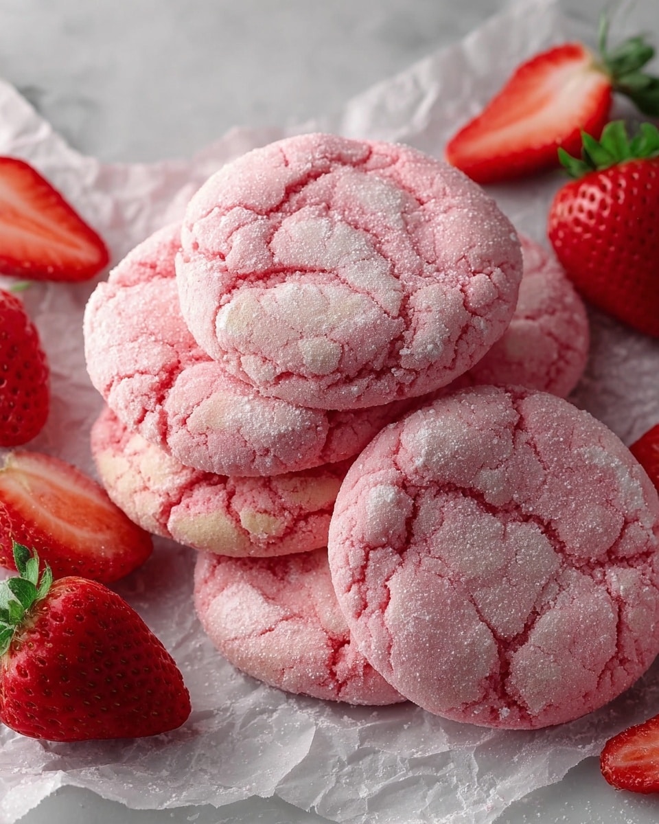 The image shows a close-up of six round, pink cookies with a cracked texture on top, dusted lightly with sugar creating a frosty look. They are stacked and slightly overlapping each other on torn, translucent wax paper resting on a white marbled surface. Around the cookies are whole and halved fresh red strawberries with green leaves, adding a natural, fresh contrast to the pink cookies. The colors are bright and soft, with the white sugar sparkling under the light. Photo taken with an iphone --ar 4:5 --v 7