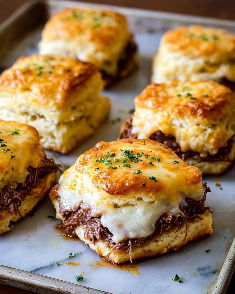 The image shows a wooden tray holding eight small biscuit sandwiches arranged in two rows. Each sandwich has two light golden, flaky biscuit layers on the top and bottom, with a dark brown sausage patty layer in the middle. The biscuits have a textured surface with slight browning that shows their baked flakiness. Sprigs of green parsley are scattered around the sandwiches on the tray. In the background, a white plate with more food rests on a white marbled surface partly covered by a blue and white checkered cloth. The photo taken with an iphone --ar 4:5 --v 7