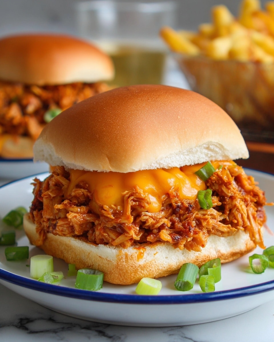 The image shows a close-up of a sandwich on a white plate, placed on a white marbled surface. The sandwich has three main visible layers: a shiny, soft golden brown bun on top, a thick middle layer of shredded chicken mixed with rich, chunky red barbecue sauce, garnished with small green cilantro leaves and sliced green jalapeños, and a bottom bun that looks soft and slightly toasted. To the right side of the sandwich, there is a pile of bright orange roasted baby carrots with a slight char. The overall scene has warm tones and a cozy feel. Photo taken with an iphone --ar 4:5 --v 7
