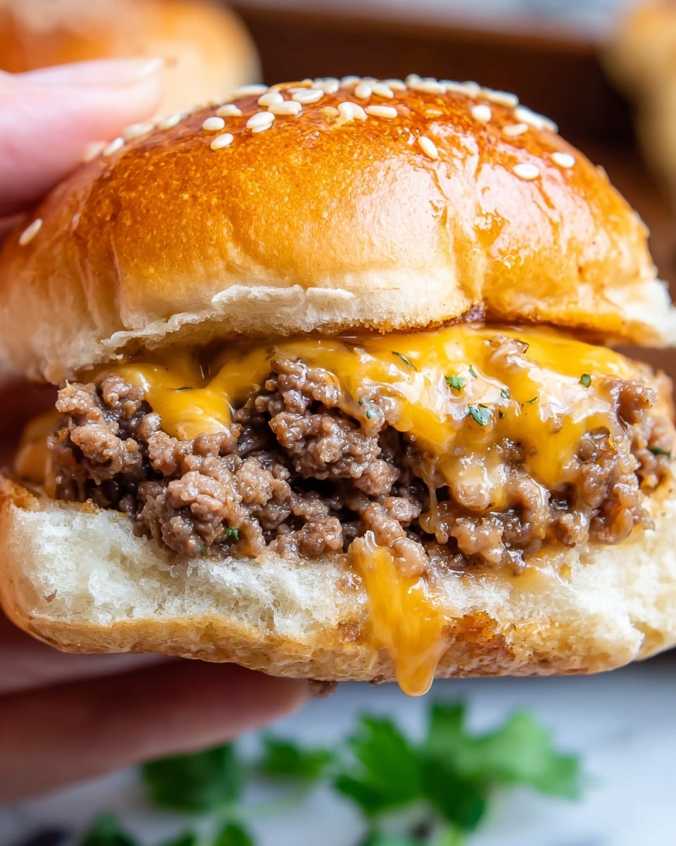 A close-up of a cheeseburger held by a woman's hand showing three clear layers: the top layer is a shiny golden-brown sesame seed bun with a soft, porous texture inside; the middle layer is melted orange cheddar cheese that stretches and drips slightly; the bottom layer is cooked ground beef with a moist, crumbly texture and bits of onion mixed in. The background is blurred with a hint of green. Photo taken with an iphone --ar 4:5 --v 7