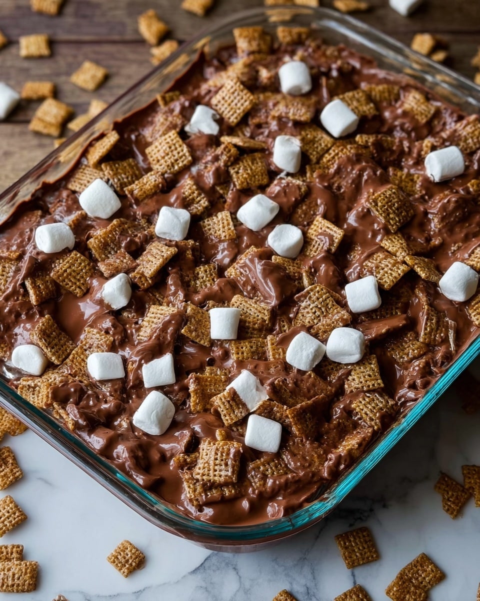 The image shows a glass baking dish filled with a mix of square cereal pieces covered in thick, melted milk chocolate, creating a shiny, smooth layer that coats the cereal unevenly. Scattered throughout the top layer are small, soft, white marshmallows that add a contrasting texture and color. The cereal pieces underneath have a light brown, crispy texture, partially visible through the chocolate coating. The dish is set on a white marbled surface with some cereal pieces scattered around it. The scene has a cozy and rich feel. photo taken with an iphone --ar 4:5 --v 7