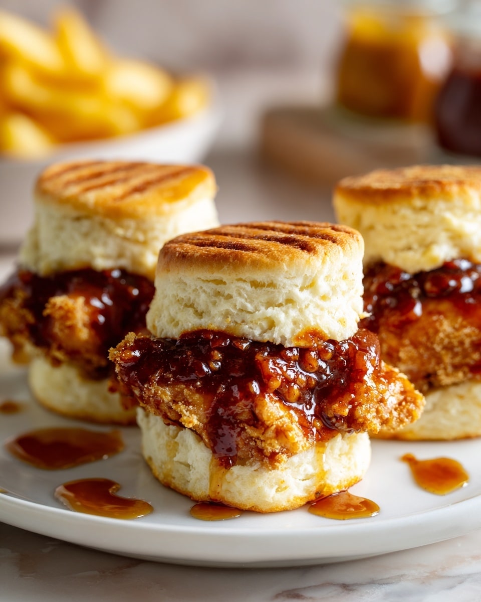Three small sandwiches sit on a white plate with a white marbled texture under it. Each sandwich has two fluffy, light golden layers of biscuit, one on top and one on bottom, with a thick, crispy brown fried chicken layer in the middle. The chicken pieces are covered in a shiny, sticky sauce that drips slightly onto the plate. Drops of syrup are scattered around the sandwiches. The background is softly blurred, showing warm yellow fries and condiments. Photo taken with an iphone --ar 4:5 --v 7