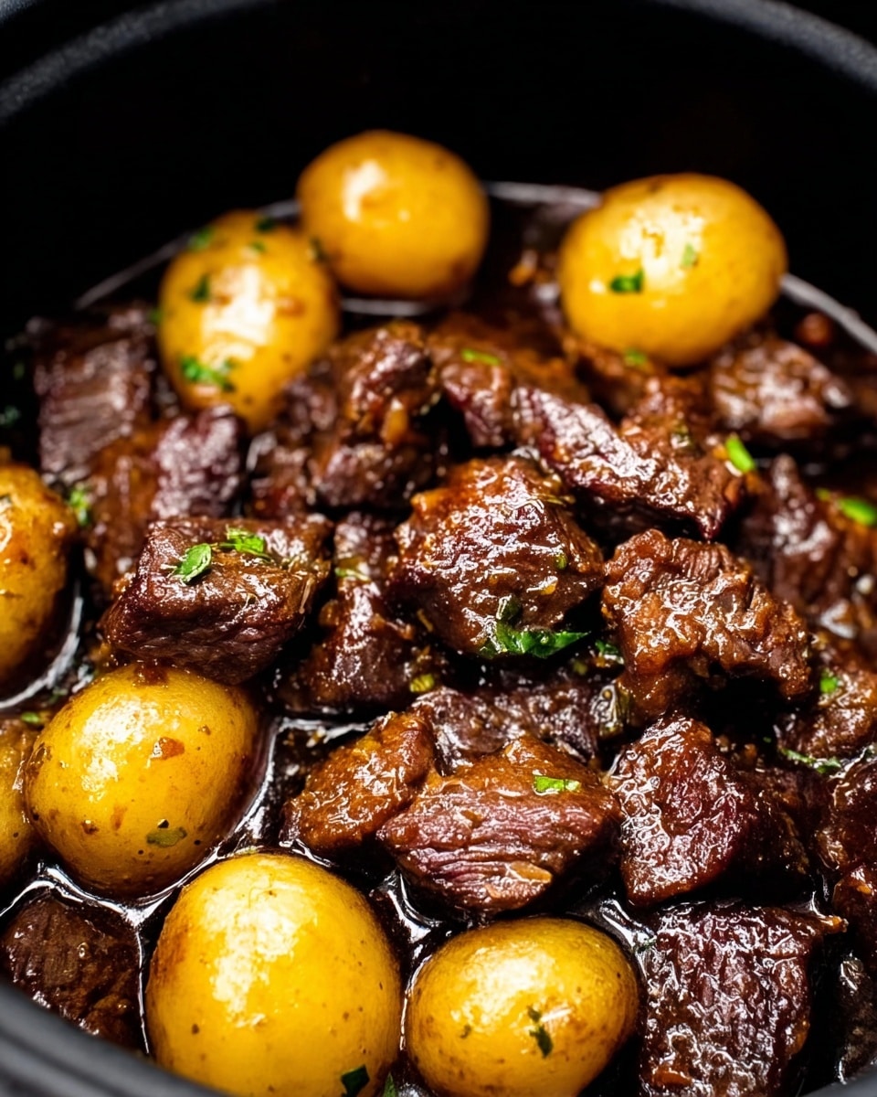 The image shows a close-up of a cooked dish with chunks of dark brown meat and small yellow potatoes mixed together in a black pot. The meat pieces are irregular in shape, with a slightly glossy, moist surface indicating they are well-cooked and juicy. The potatoes have a smooth, shiny skin with some green herbs sprinkled on them, adding a touch of color. The dark sauce coats the ingredients evenly, pooling in the bottom of the pot. The focus is sharp, highlighting the textures of the meat and potatoes against the black background of the pot. photo taken with an iphone --ar 4:5 --v 7