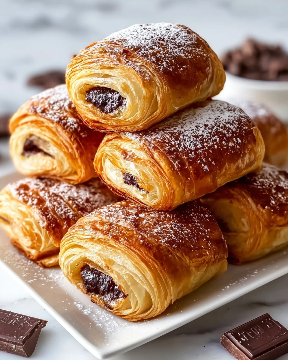 There are six golden-brown chocolate croissants stacked on a white plate. Each croissant has multiple flaky and crispy layers that show a light and dark golden color. The top layer is dusted with white powdered sugar. Inside, the croissants reveal a dark, glossy chocolate filling. Around the plate, a few small chunks of dark chocolate are scattered on a surface with a white marbled texture. The photo taken with an iphone --ar 4:5 --v 7