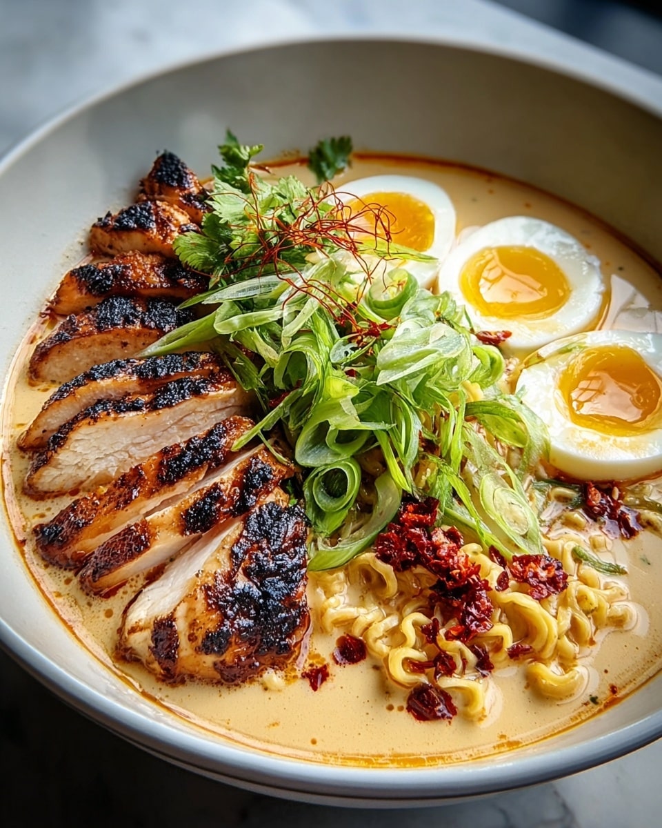 A bowl of ramen with creamy light tan broth fills most of the bowl. On top, there are thick slices of grilled chicken with a charred, dark brown crust arranged in a fan shape on one side. Three halved soft-boiled eggs with bright yellow yolks are placed on the other side. In the center, a heap of thinly sliced bright green scallions and some dried red chili flakes add color and texture. Curly yellow ramen noodles peek out from under the broth and toppings. The bowl is deep and white, sitting on a white marbled surface. photo taken with an iphone --ar 4:5 --v 7