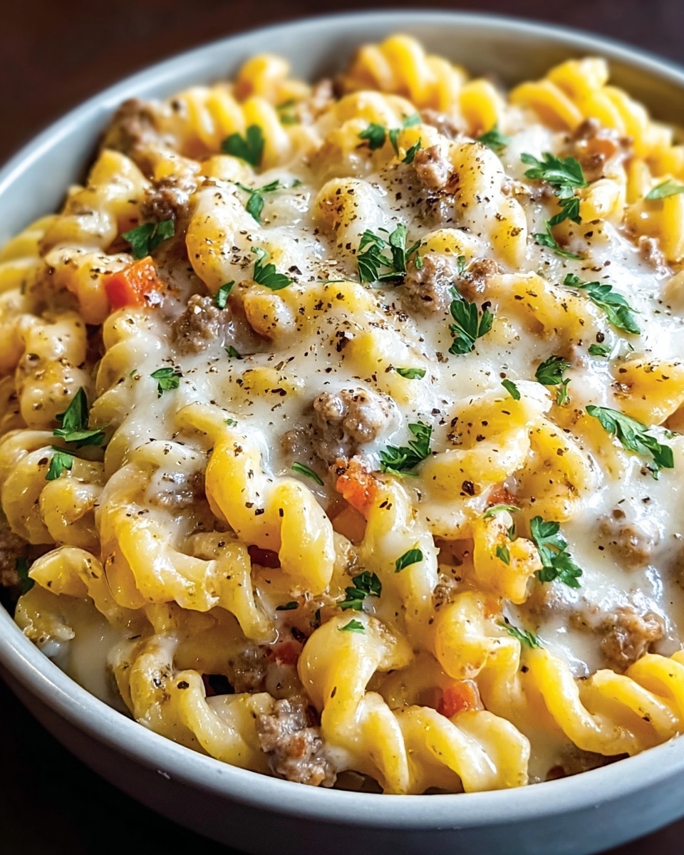 A close-up view of creamy pasta in a white bowl, filled with yellow twisted pasta spirals mixed with small pieces of cooked ground meat and bits of orange carrot. The dish is topped with melted white cheese sprinkled with black pepper and fresh green parsley leaves as garnish. The pasta looks rich and slightly glossy with a thick cheese sauce covering each piece, sitting on a white marbled surface. photo taken with an iphone --ar 4:5 --v 7