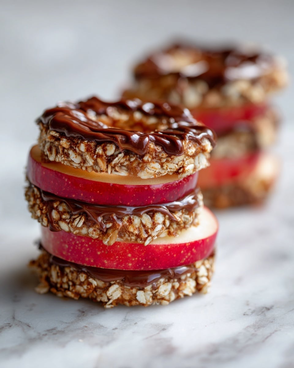 The image shows several apple rings sliced horizontally, each slice having three layers: the bottom layer is a bright red apple ring with a smooth texture, the middle layer is a thick, coarse nutty or oat mixture forming a ring on top of the apple, and the top layer is a drizzle of dark, glossy chocolate spread unevenly over the nutty layer. The apple rings are stacked slightly overlapping each other on a white marbled surface, with a soft, light background that blurs out, drawing focus on the textured snack. photo taken with an iphone --ar 4:5 --v 7