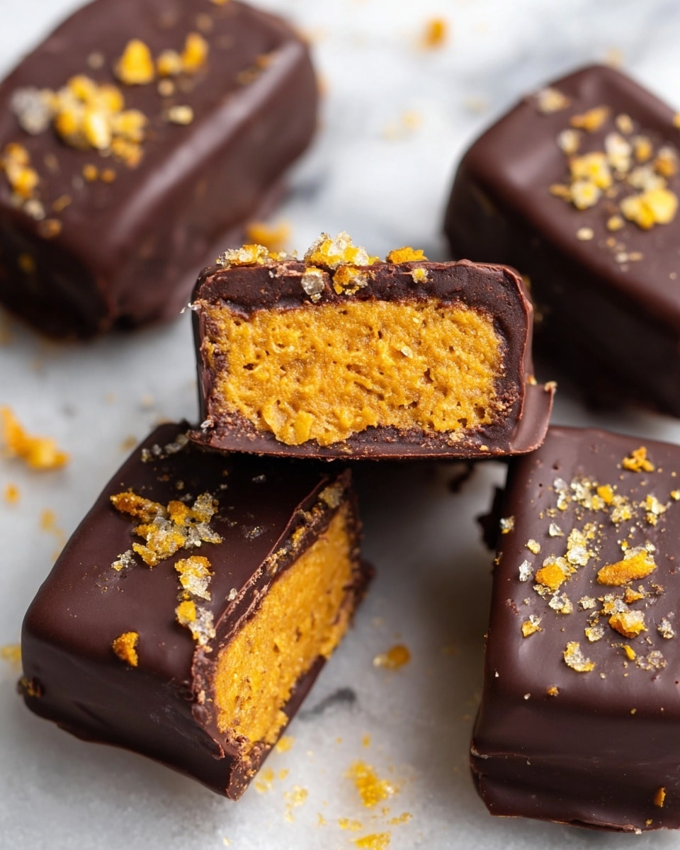The image shows several pieces of a dessert with a thick dark brown chocolate outer layer that is smooth and glossy with small bits of crushed yellow topping scattered on top. Inside, there are two layers: a dense, bright orange layer with a slightly crumbly texture mixed with small crunchy yellow pieces, and the chocolate coating surrounding it. One piece is cut in half, revealing the layers clearly, while the others are whole, all placed on a white marbled surface. The dessert looks rich and textured, with the bright orange filling contrasting well against the dark chocolate outside. Photo taken with an iphone --ar 4:5 --v 7