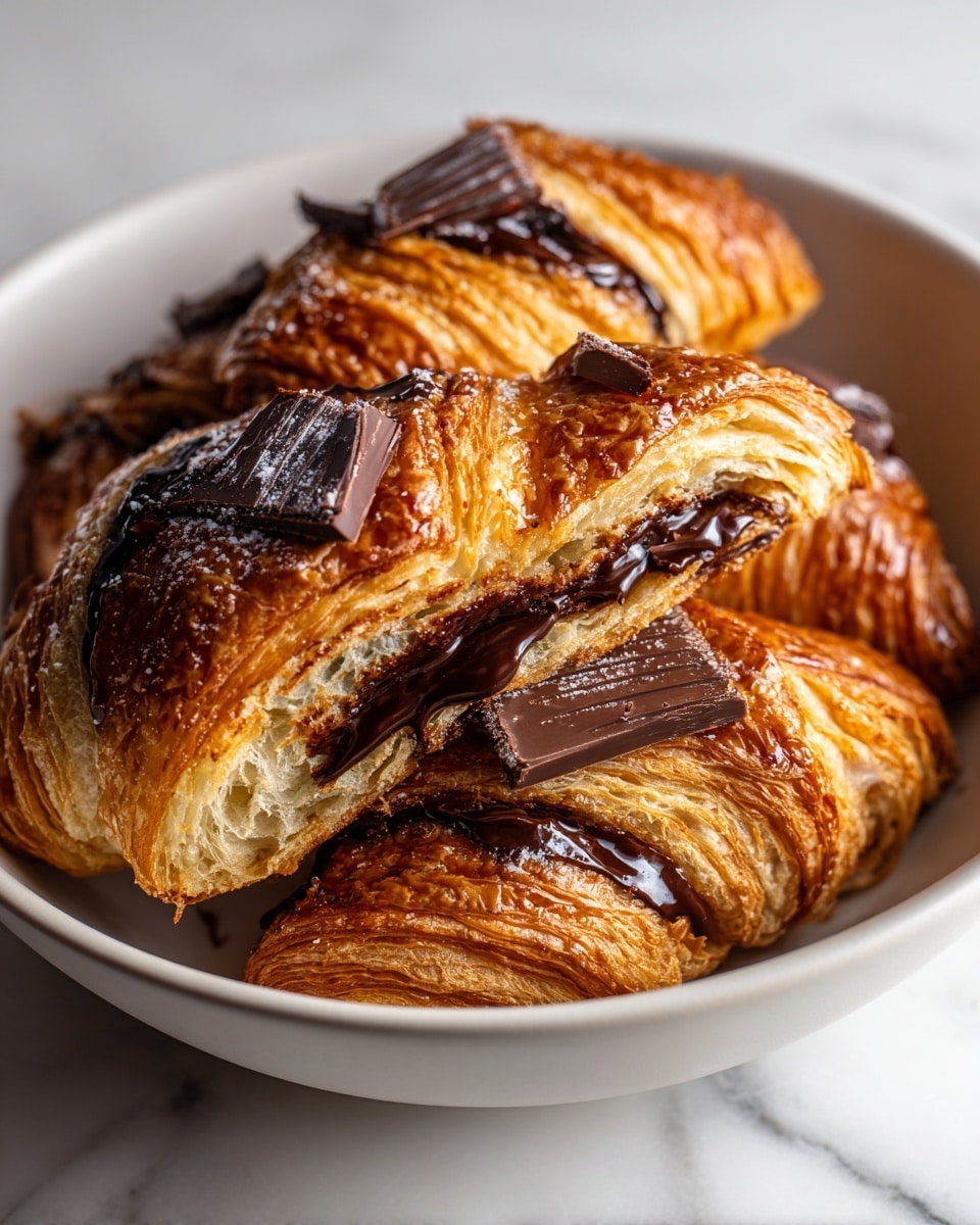 The image shows a round croissant twist cut into sections inside a white bowl. The croissant has many layers of golden-brown flaky pastry with a dark chocolate filling that is visible between the layers. On top of the croissant, there are several pieces of melted dark chocolate with a shiny texture. The bowl is placed on a white marbled surface. photo taken with an iphone --ar 4:5 --v 7