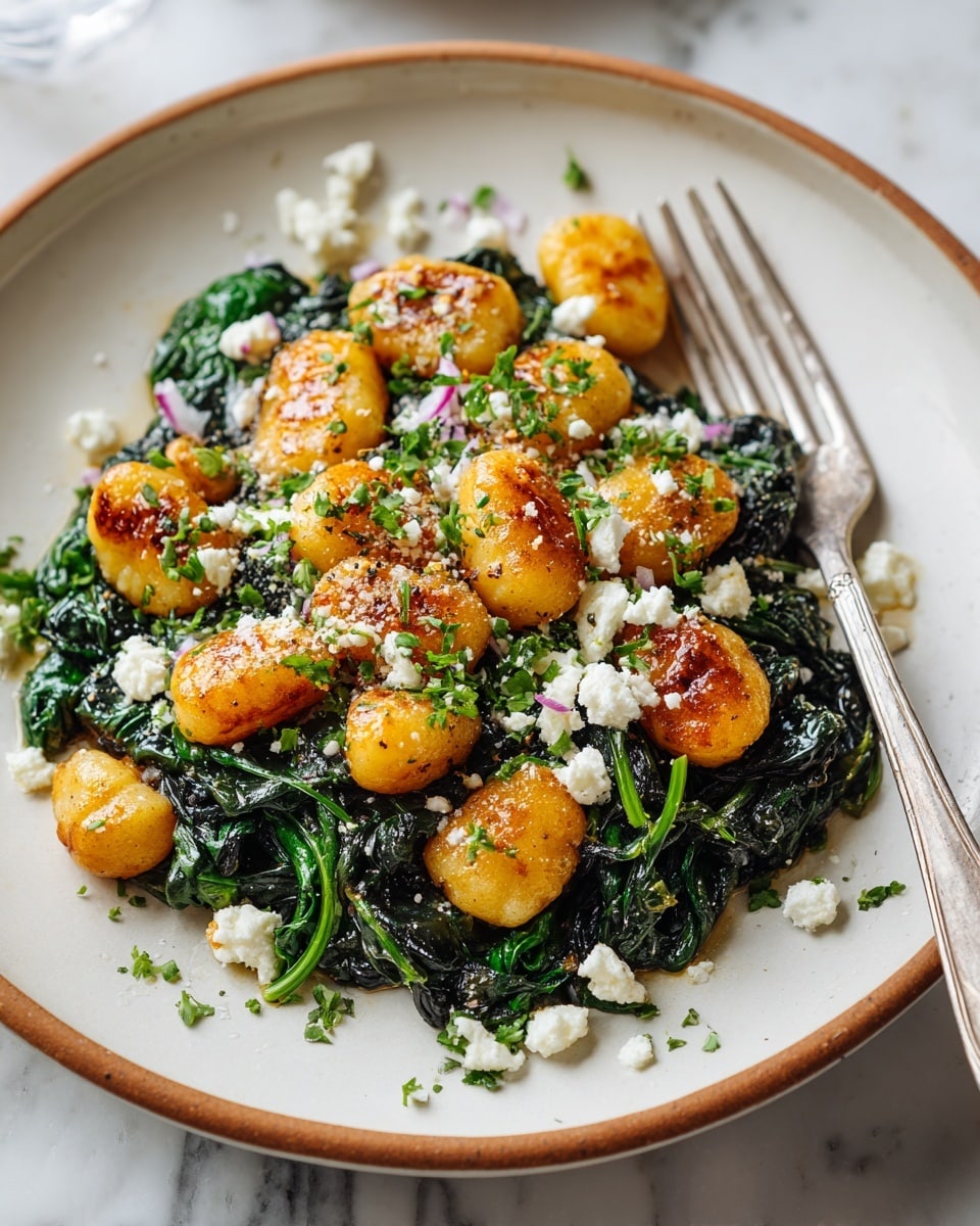 The dish is served on a white plate with a brown rim, placed on a white marbled surface. It has about two main layers: at the base, there is a generous layer of cooked dark green spinach leaves with a shiny, slightly wilted texture. On top of the spinach, there are golden-brown pan-fried gnocchi pieces, each showing a crispy, caramelized surface. Scattered across the gnocchi and spinach are small, crumbly white cheese pieces, adding texture and a fresh touch. A garnish of finely chopped green herbs is sprinkled lightly over the whole dish. A silver fork rests on the right side of the plate, adding to the inviting presentation. Photo taken with an iphone --ar 4:5 --v 7