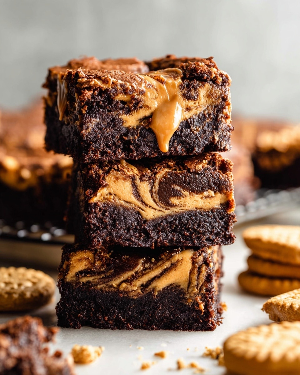 The image shows two thick brownie squares stacked on top of each other. Each brownie has two main layers: the bottom layer is dark brown and dense with a smooth yet slightly fudgy texture, while the top layer is a golden brown crumbly crust that looks slightly crunchy. The edges are a little uneven, showing the contrast between the soft inside and the crisp outside. The brownies rest on a metal cooling rack placed on a white marbled surface, with soft natural light enhancing the rich colors and textures of the dessert. Photo taken with an iphone --ar 4:5 --v 7