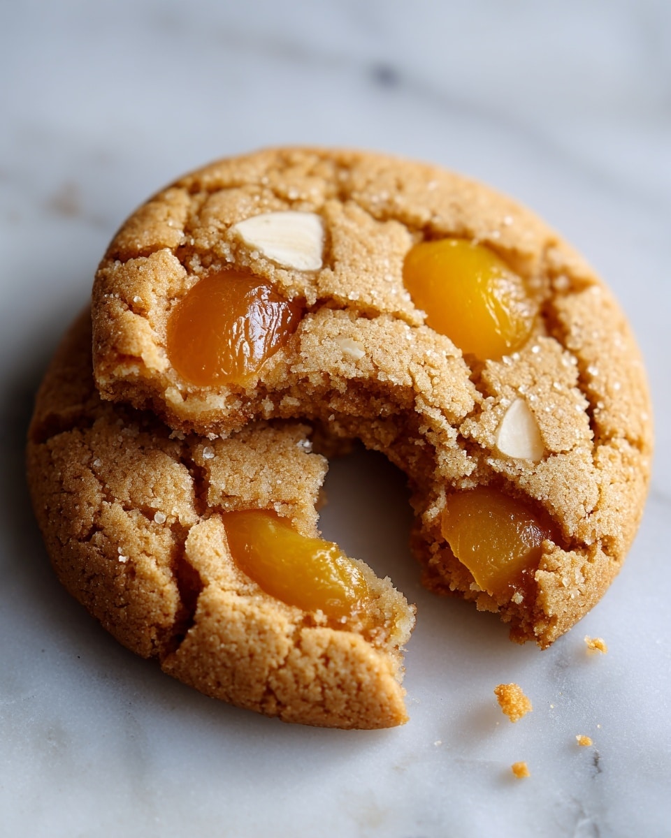 The image shows a close-up of a soft, golden brown cookie with a cracked surface, having three yellowish chunks of caramelized fruit embedded on top. One part of the cookie has a small piece broken off, revealing a chewy and moist inside with a slightly crumbly texture. The cookie rests on a white marbled surface that adds a clean contrast to the warm tones of the cookie. Photo taken with an iphone --ar 4:5 --v 7