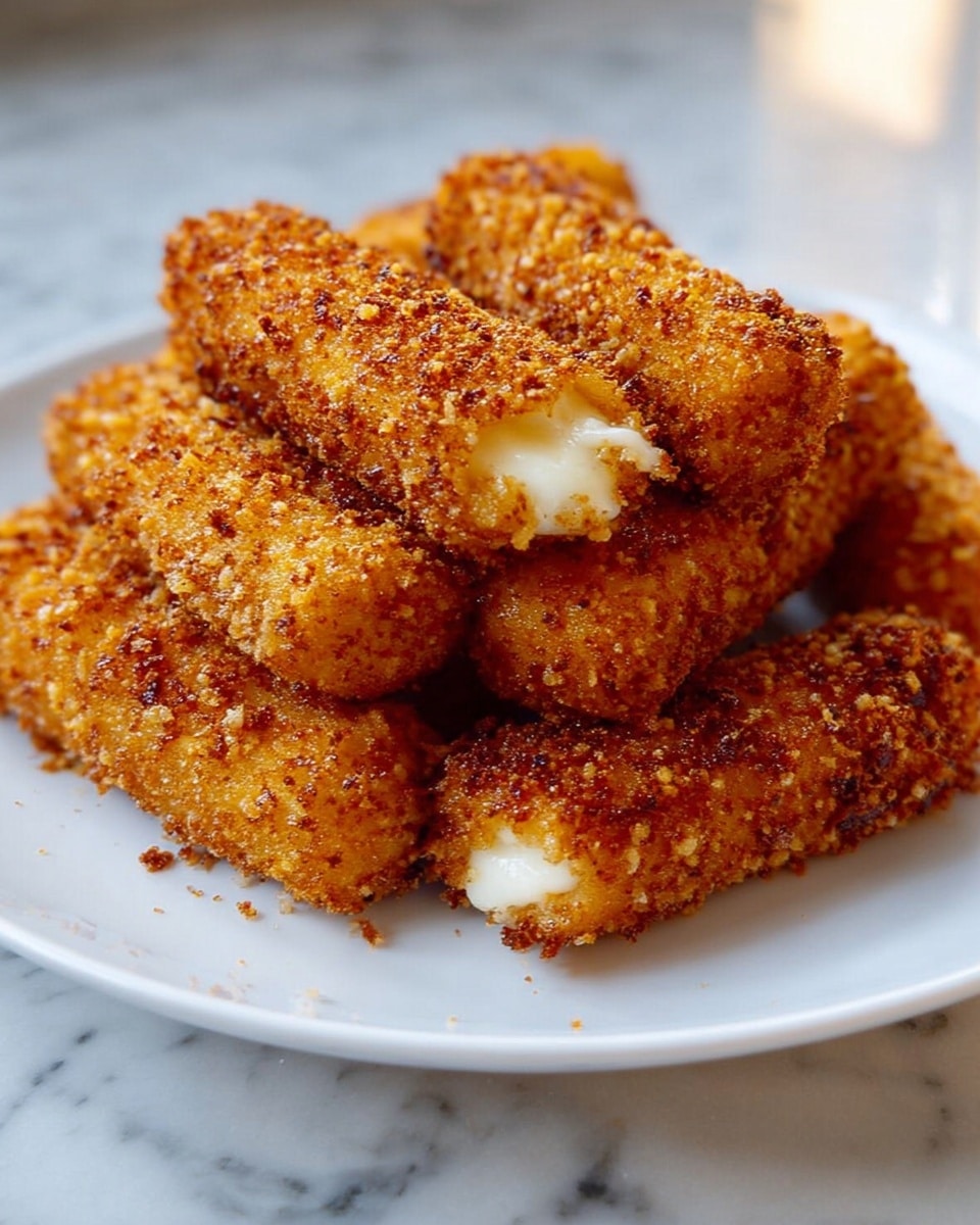 A white plate holds a pile of golden-brown fried mozzarella sticks. Each stick has a rough, crunchy outer layer with small, crispy crumbs. The inside shows melted white cheese slightly oozing from one stick. The plate sits on a white marbled surface, giving a clean and bright background that highlights the rich colors of the fried coating. photo taken with an iphone --ar 4:5 --v 7