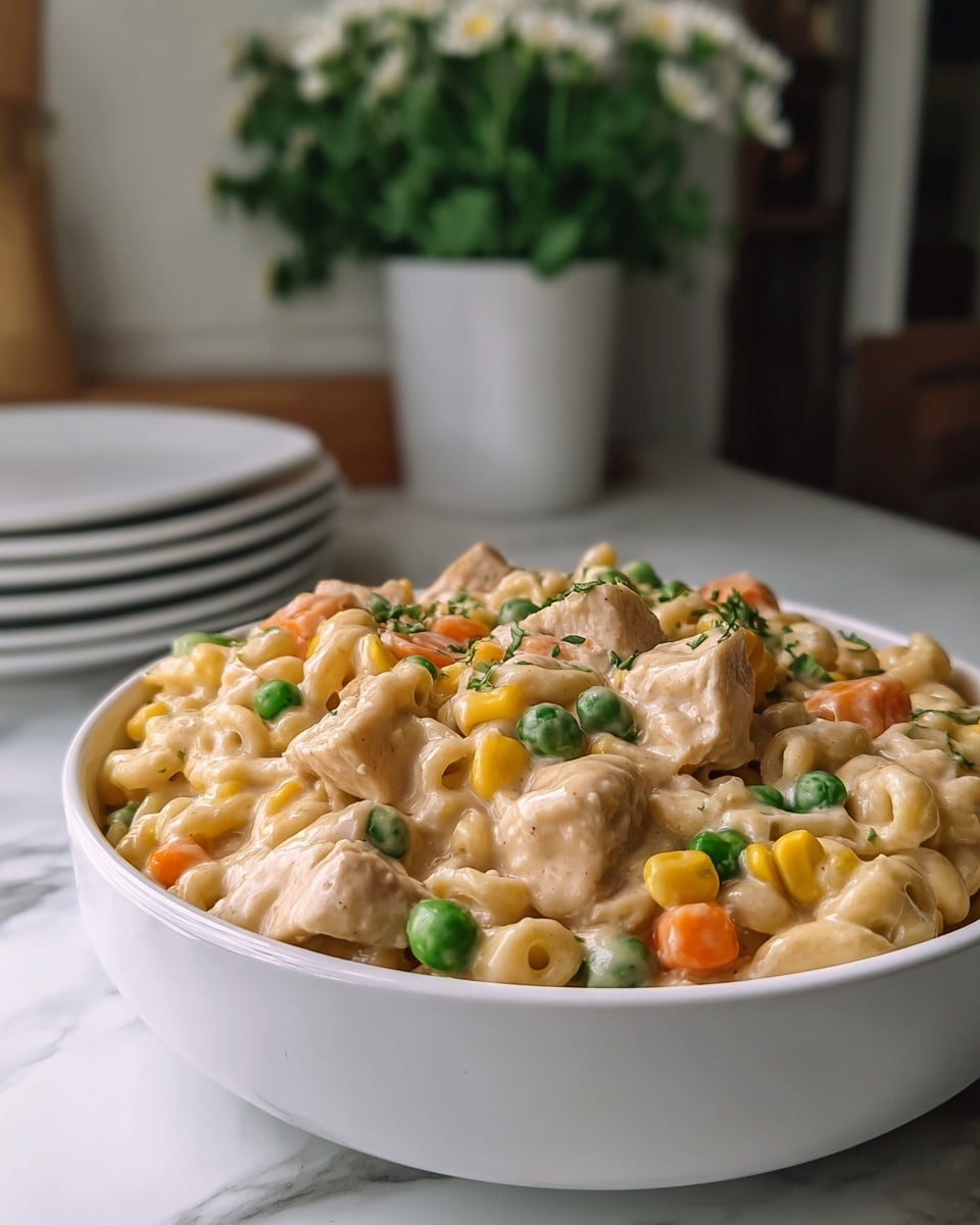 A close-up view of a creamy pasta dish served in a white bowl on a white marbled surface shows two visible layers: the base layer of soft, curved pasta noodles in a pale yellow color, and a thick, smooth beige sauce coating the pasta evenly. Mixed into the sauce and pasta are small bright green peas, tender orange carrot pieces, and pale yellow corn kernels, all giving pops of color. Small pieces of white chicken chunks are scattered throughout, with some bits garnished with finely chopped green herbs. The texture appears rich and creamy, with a glossy finish on the sauce. photo taken with an iphone --ar 4:5 --v 7