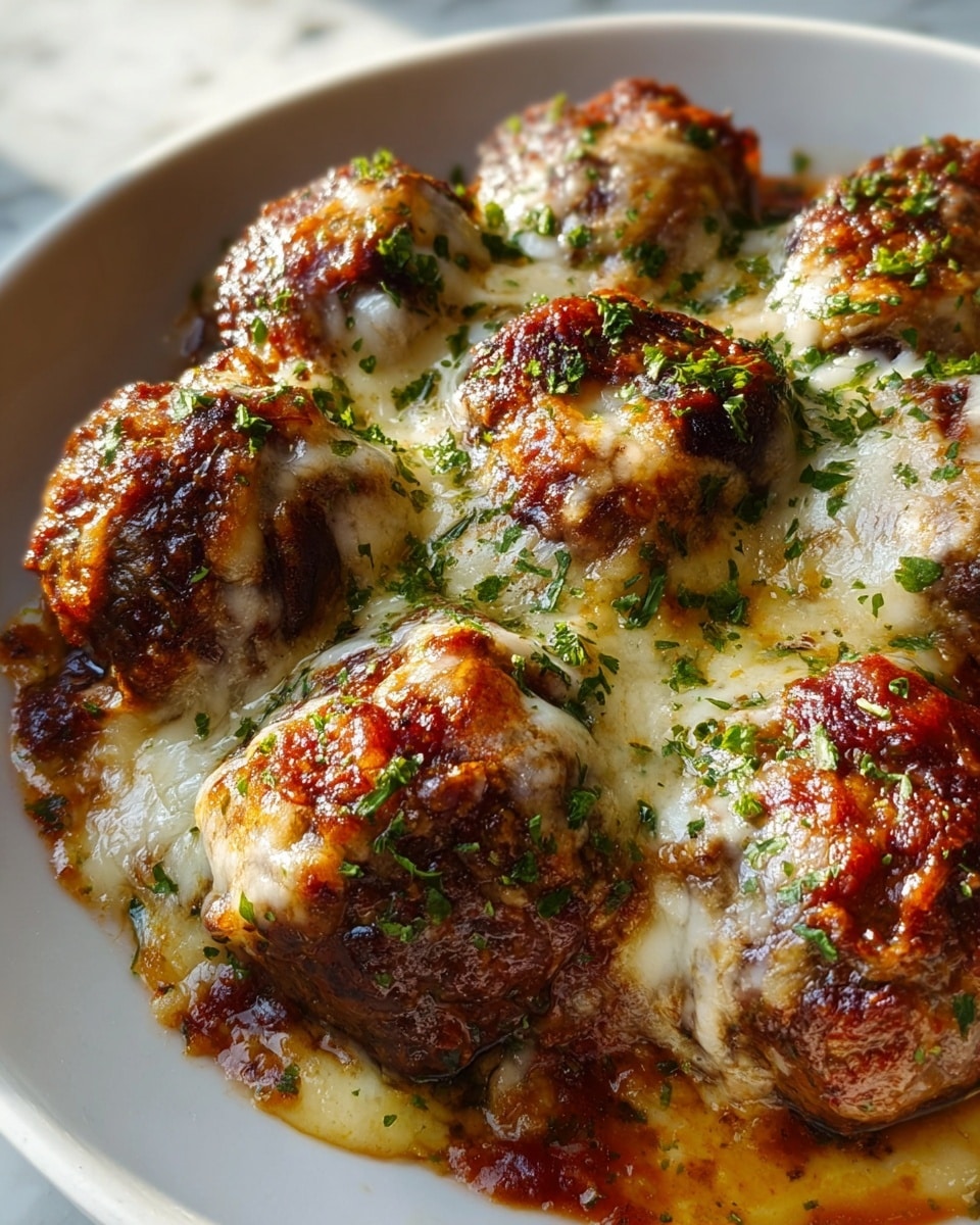 The image shows a close-up of a white plate filled with round, browned meatballs covered with melted cheese that is golden and bubbly on top. Each meatball is sprinkled with finely chopped green herbs, adding a fresh touch. The cheese layer is thick and smooth, melting down the sides of the meatballs, blending with the browned, crispy edges of the meat. The plate rests on a white marbled surface with soft light shining from the side, giving the dish a warm and inviting look. photo taken with an iphone --ar 4:5 --v 7
