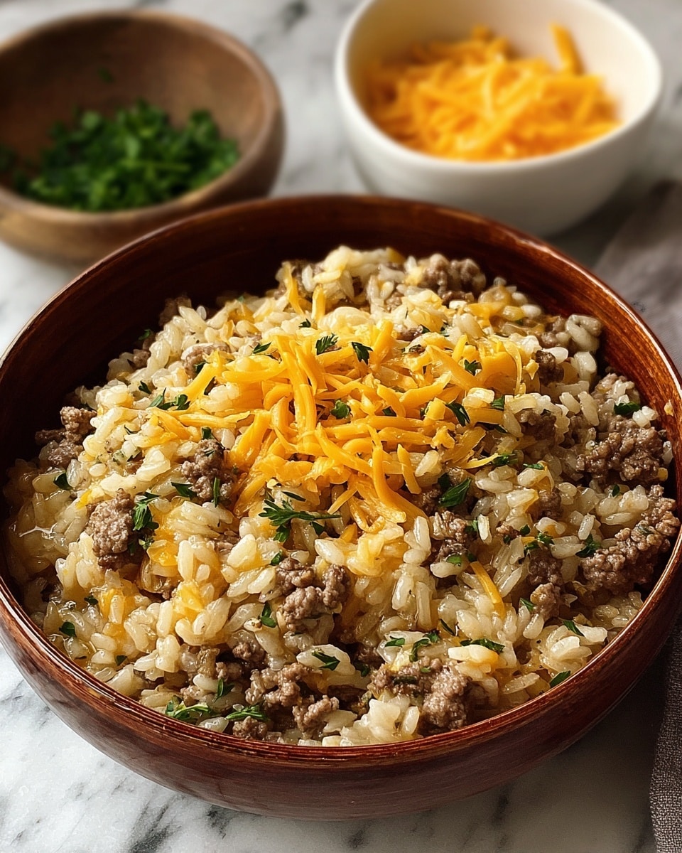 A close-up of a brown bowl filled with a creamy rice dish mixed with browned ground beef and finely chopped herbs, topped with a sprinkle of shredded orange-yellow cheese and small green parsley pieces; behind the bowl, a smaller white bowl holds extra shredded cheese and parsley on a white marbled surface. photo taken with an iphone --ar 4:5 --v 7