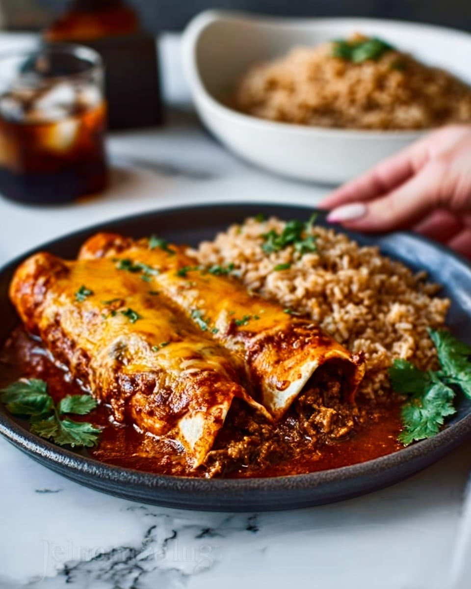 Two cheese enchiladas sit side by side on a round white plate, each covered with melted orange and light brown cheese that bubbles slightly on top, with肉 filling visible at the open sides. The enchiladas are covered with rich, dark red sauce that pools around them. To the side, there is a mound of brownish rice mixed with small green herbs scattered on top. Fresh green cilantro leaves are placed as garnish around the dish. In the background, there is a blurred image of a white bowl filled with more rice and a glass with a dark drink and ice cubes. A woman’s hand slightly touches the edge of the plate. The whole setting is on a white marbled surface. photo taken with an iphone --ar 4:5 --v 7