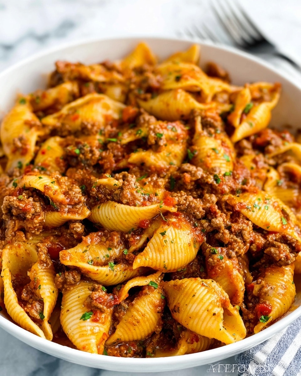 The image shows a close-up of a white bowl filled with cooked pasta shells mixed with a rich ground meat sauce. The pasta shells are golden-yellow and slightly glossy, covered evenly with a thick, brownish-red meat sauce with small bits of tomato and herbs scattered throughout. The texture of the dish appears hearty and chunky, with the meat clinging to the pasta shells. There are small green flecks of herbs sprinkled on top, adding a touch of color contrast to the warm tones of the pasta and sauce. The bowl sits on a white marbled surface with a fork slightly blurred in the background. photo taken with an iphone --ar 4:5 --v 7
