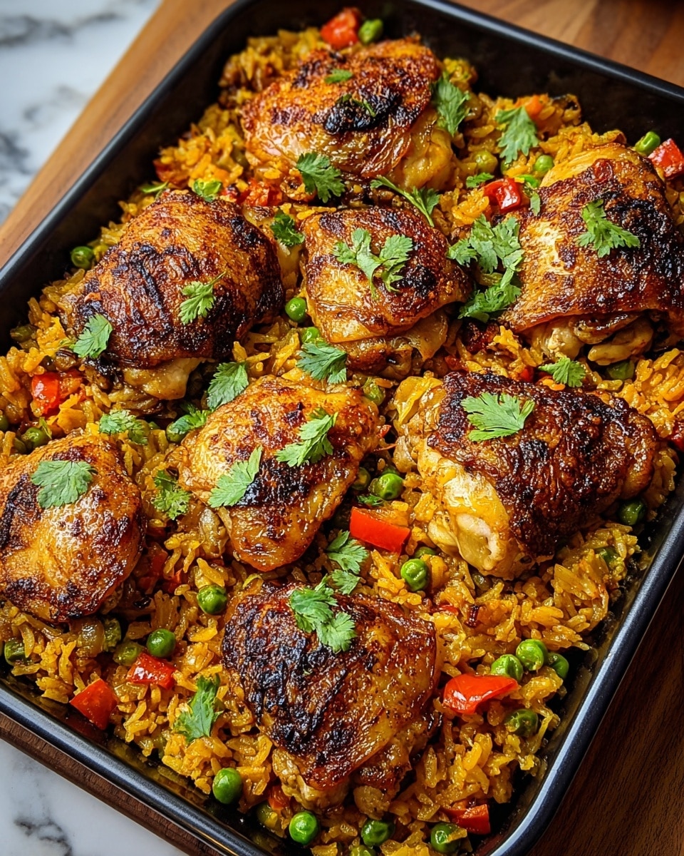A rectangular black baking tray filled with vibrant yellow rice mixed with small green peas and diced red bell peppers, topped with seven pieces of golden-brown grilled chicken thighs showing a crispy, slightly charred skin. The chicken pieces are evenly spread on the rice, which looks moist and fluffy with visible grains. Small green cilantro leaves are scattered across the dish adding a fresh touch. The tray rests on a wooden surface with a white marbled texture in the background. photo taken with an iphone --ar 4:5 --v 7