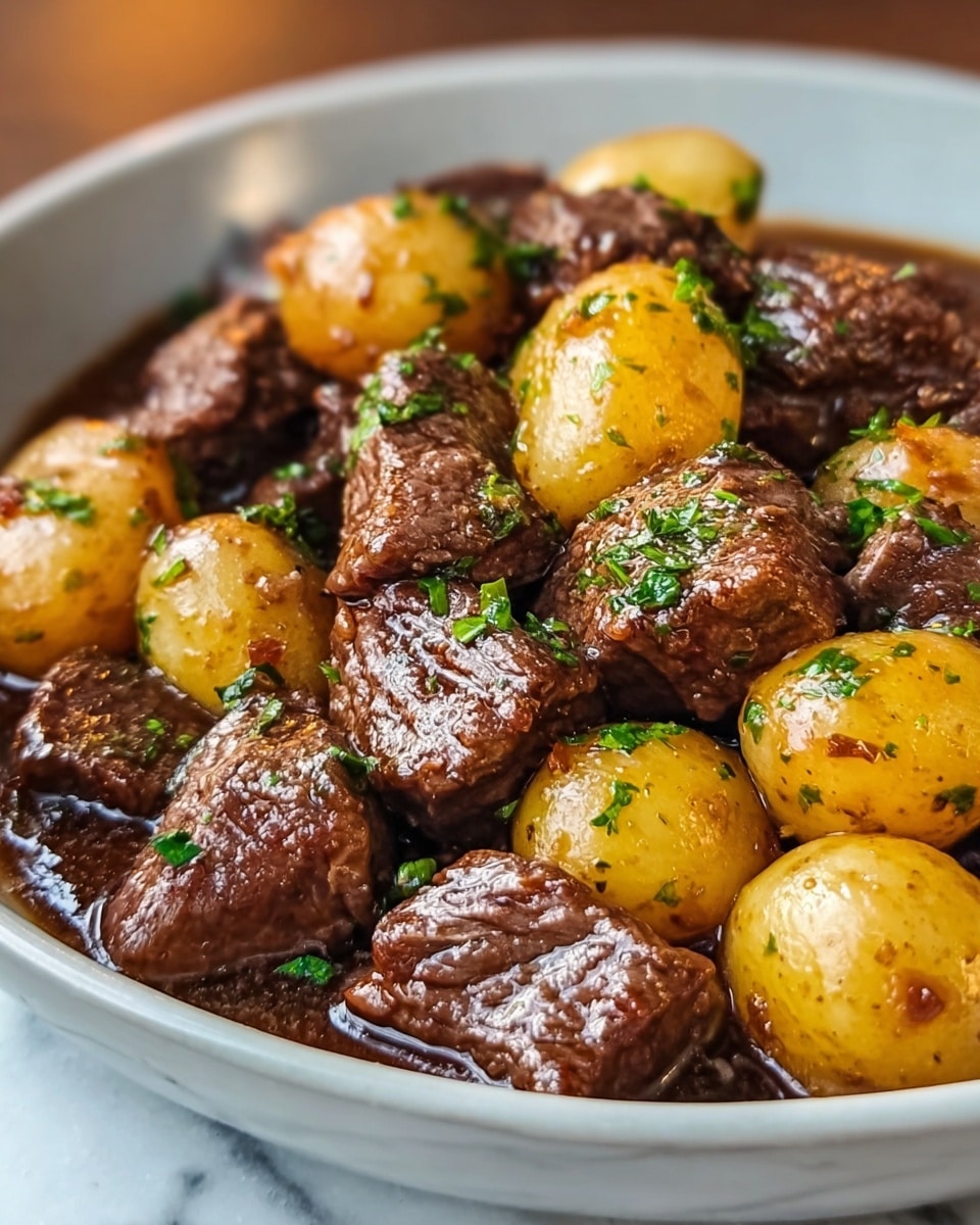 A close-up view of a bowl filled with chunks of browned beef and halved yellow baby potatoes, all coated in a shiny brown sauce. The beef pieces have a textured, slightly crusty exterior with bits of green herbs sprinkled on top. The potatoes show a soft, slightly translucent yellow inside with light specks on the skin and some green herb pieces scattered around. The bowl is white and sits on a white marbled surface. The image focuses tightly on the food, showing glistening sauce pooling around the bottom pieces. photo taken with an iphone --ar 4:5 --v 7